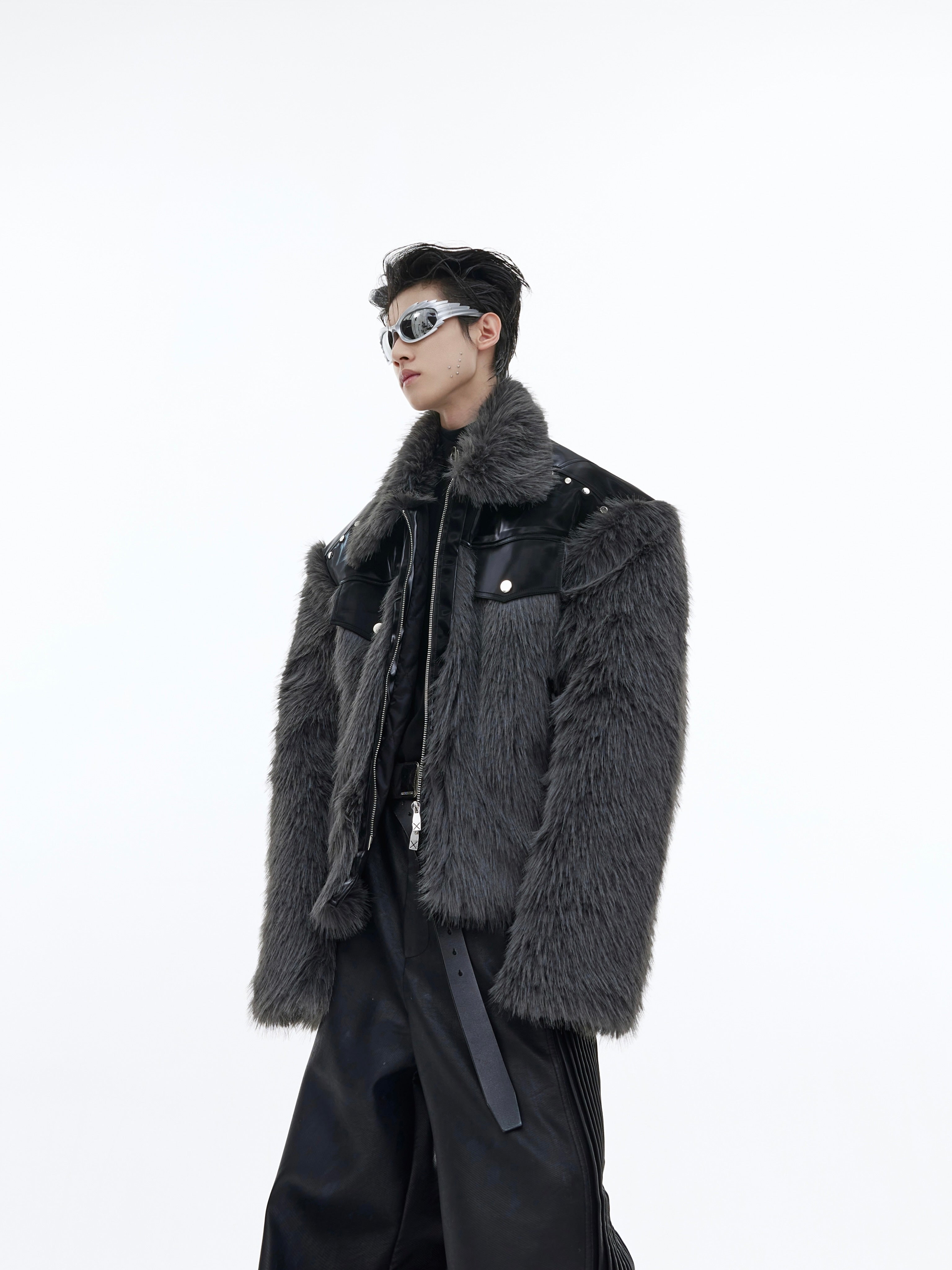 Deconstructed Fur-Trim Leather Jacket - Streetwear Short Coat