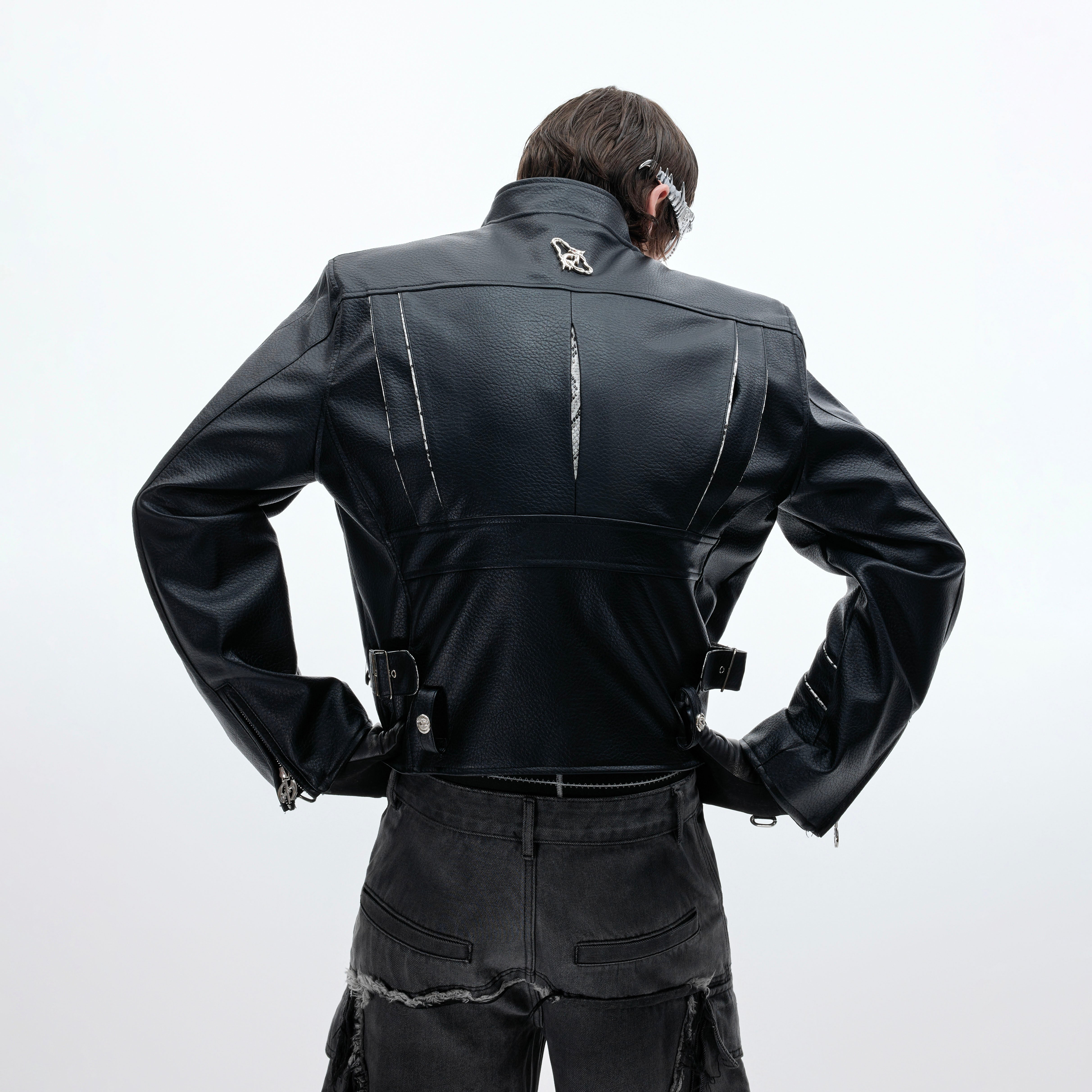 Snake-Print PU Leather Jacket - Streetwear Cropped Biker Coat