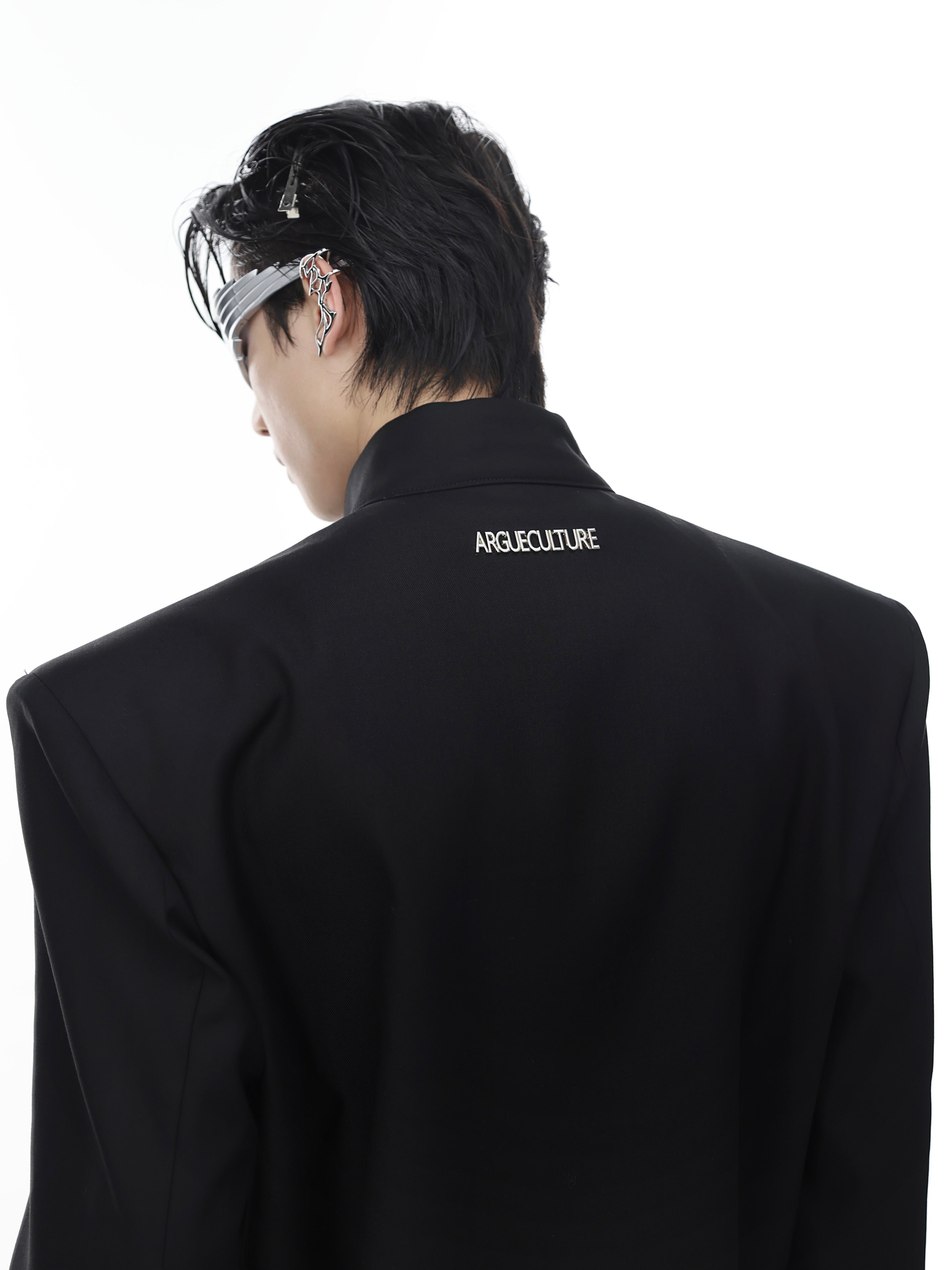 Deconstructed Metal-Clasp Blazer - High Neck Shoulder-Pad Jacket