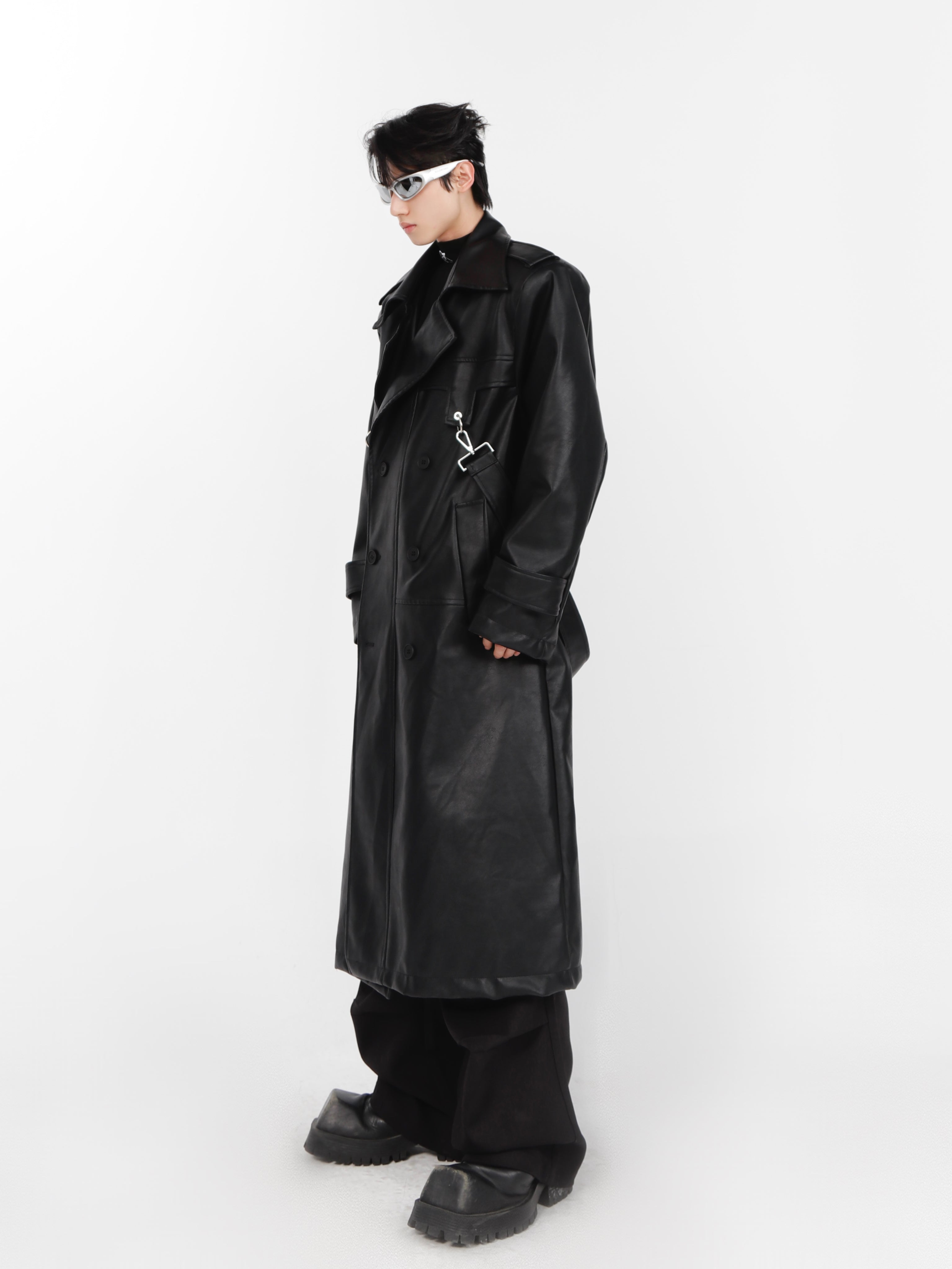 Faux-Leather Shoulder-Pad Trench Coat with Metal Zippers