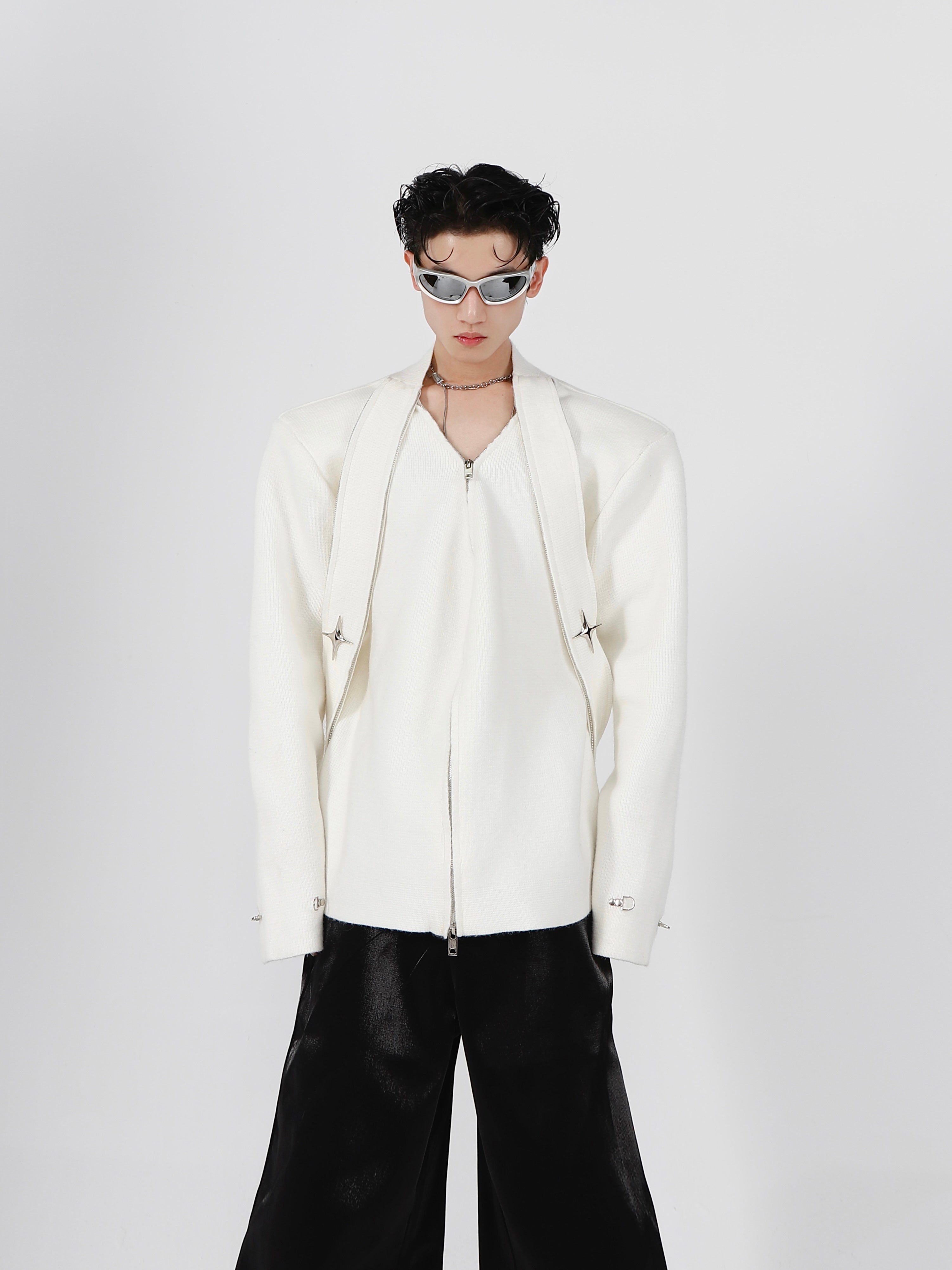 Deconstructed V-Neck Knit Cardigan with Shoulder Pads & Metal Accents