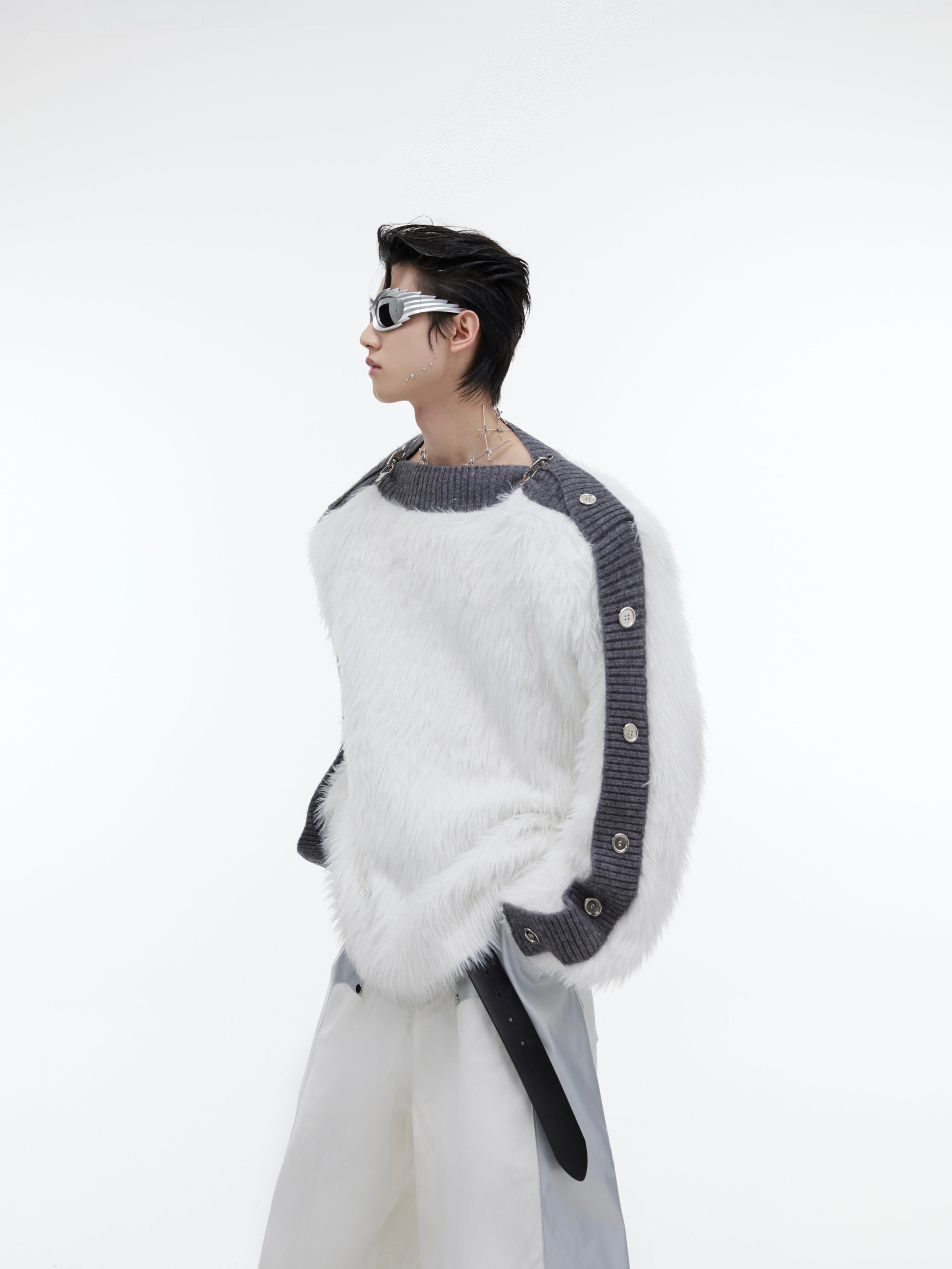 Chunky Knit Sweater - Off-Shoulder Metal Button Cable-Knit Top