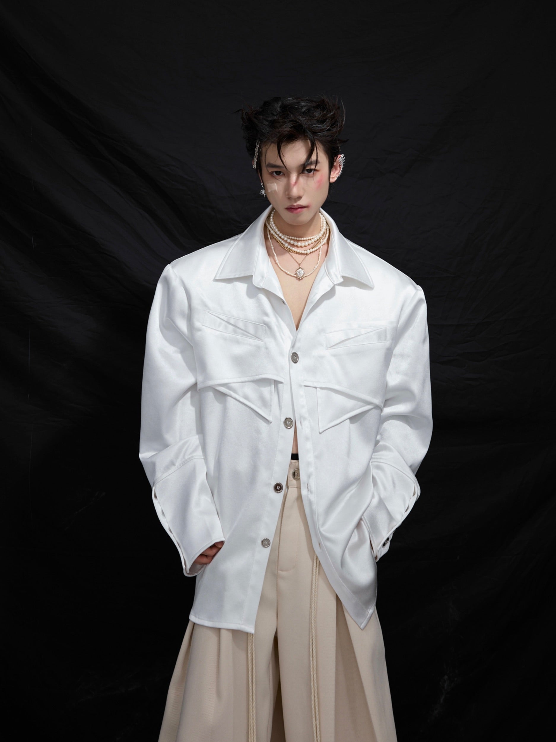 Liquid-Silk Oversized Drop-Shoulder Long-Sleeve Shirt