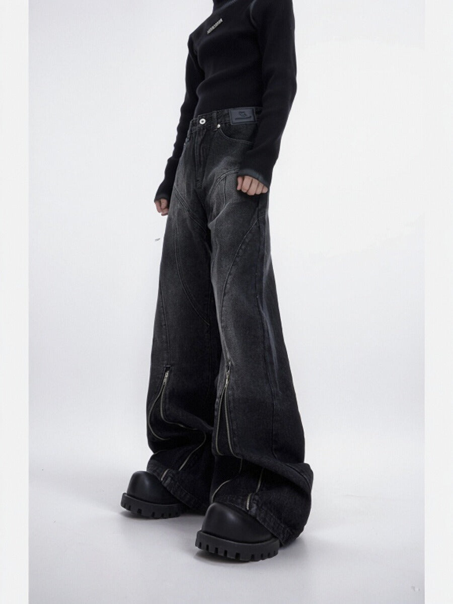 Vintage Washed Distressed Flared Jeans with Metal Zipper