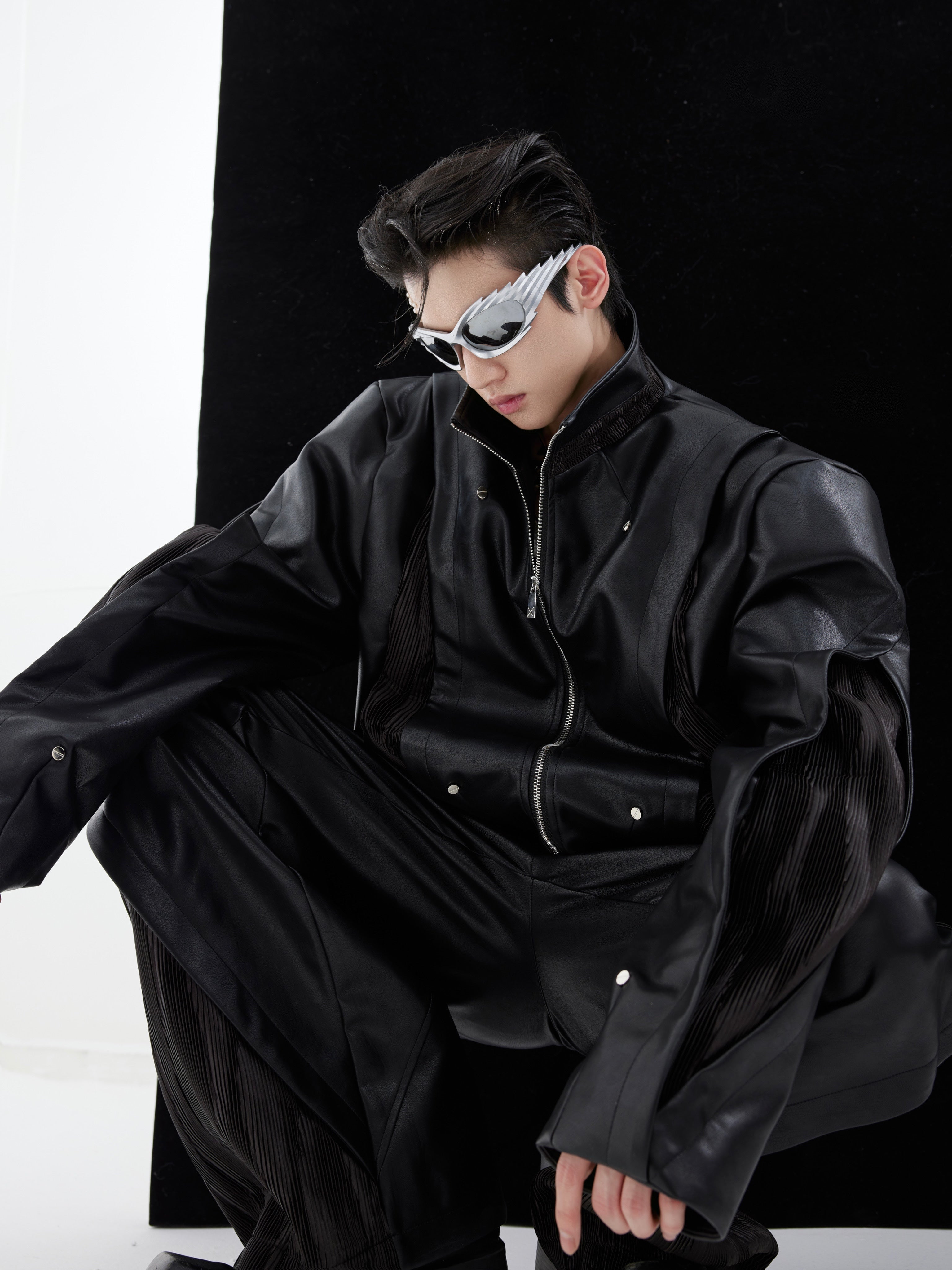 Deconstructed PU Leather Jacket - Streetwear Biker Set for Men