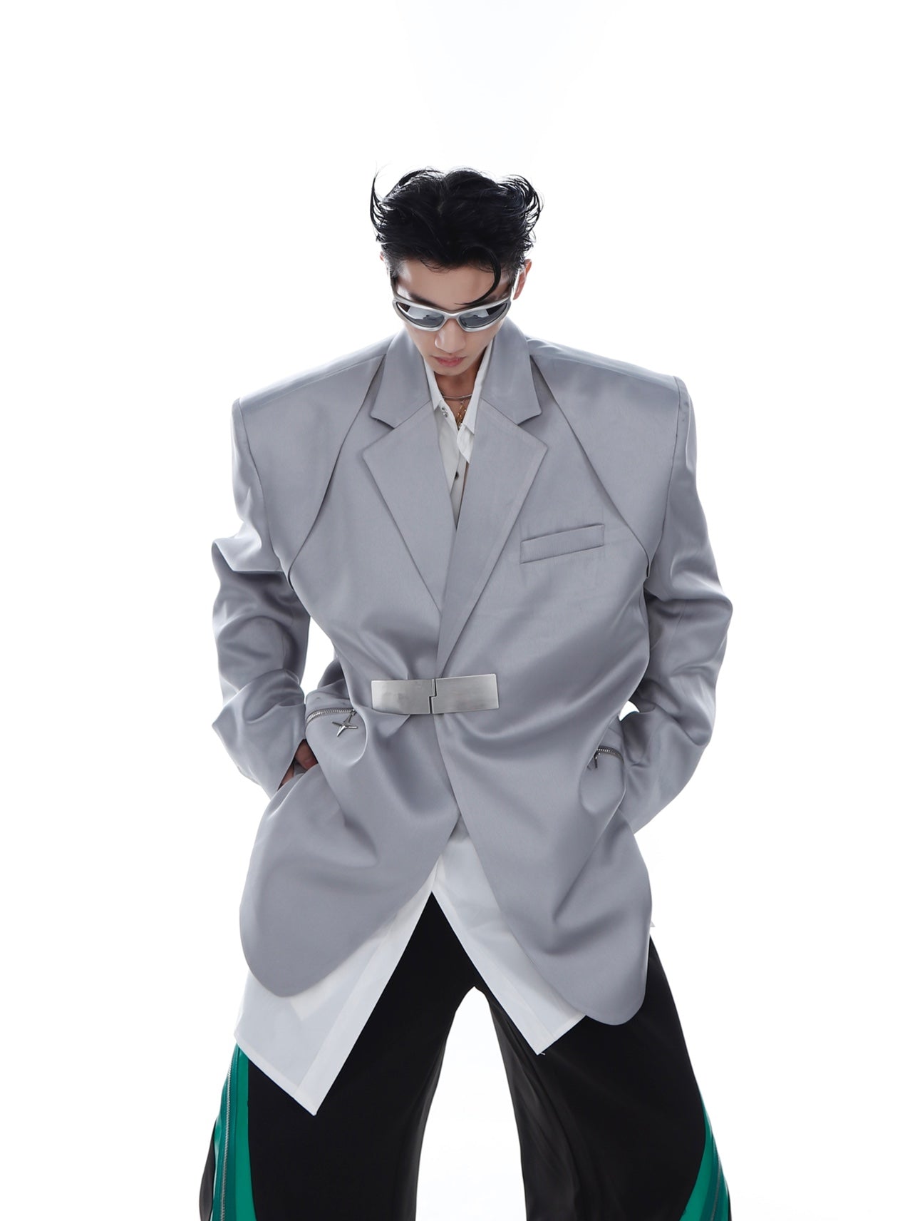 Metallic-Buckle Padded-Shoulder Blazer - Zipper-Detail Icy-Silk Suit
