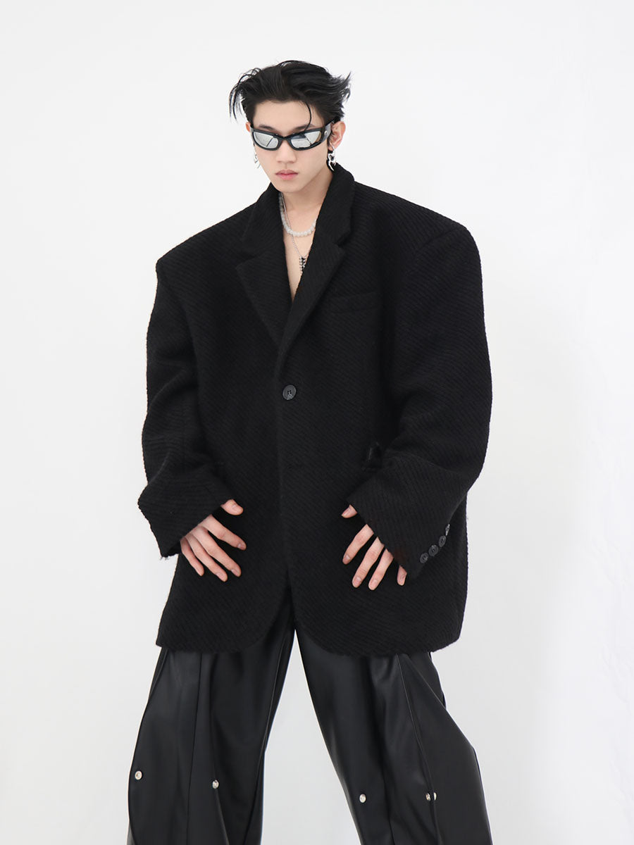 Wool-Blend Oversized Suit Jacket - Thick Shoulder Pads - Striped