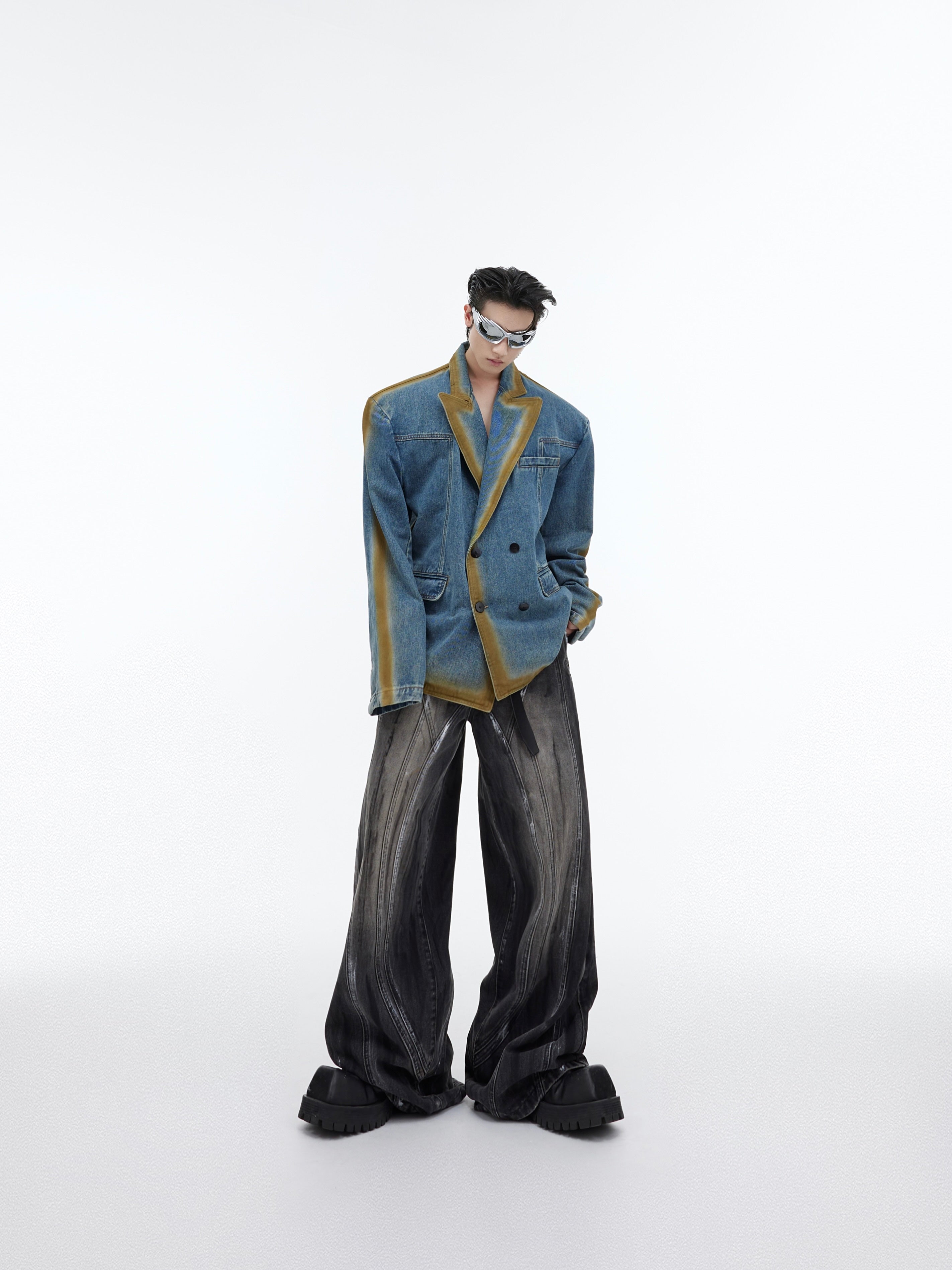Vintage Distressed Wide-Leg Jeans-Handpainted High-Waisted Pants