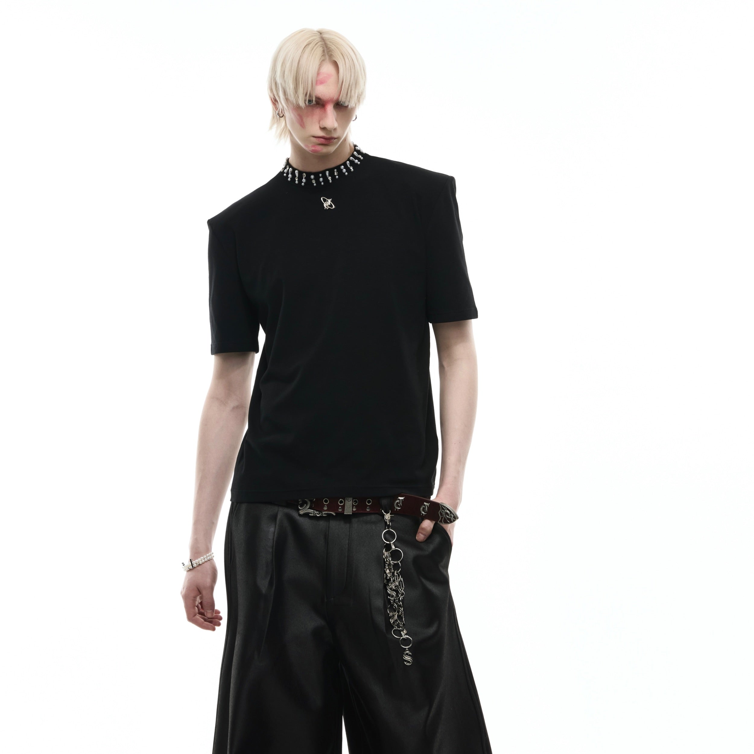 V-neck Modal T-Shirt with Pearl-Diamond Collar - Summer Streetwear