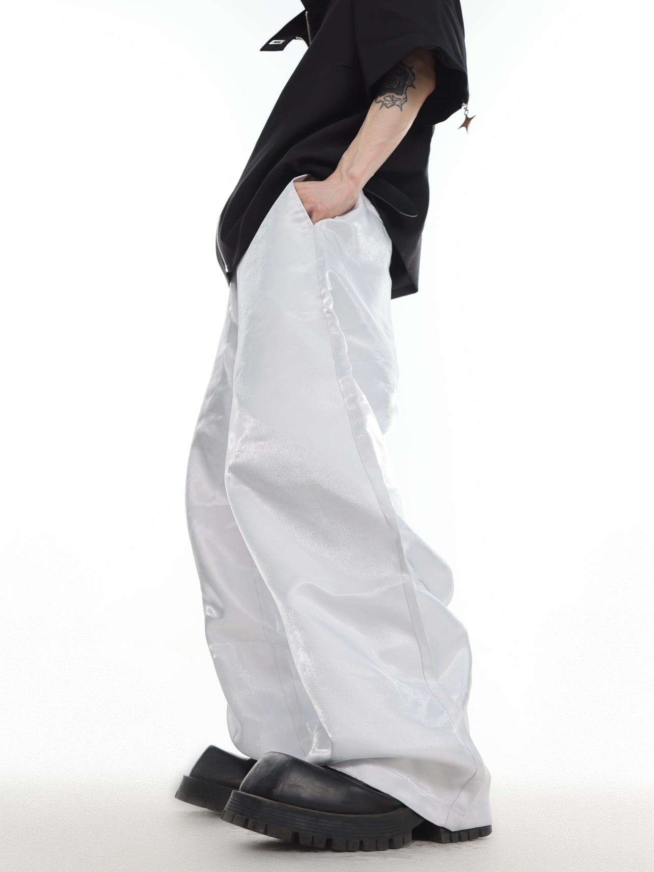 Liquid-Shine Drop-Crotch Dress Pants - Men's Streetwear Casual Pants