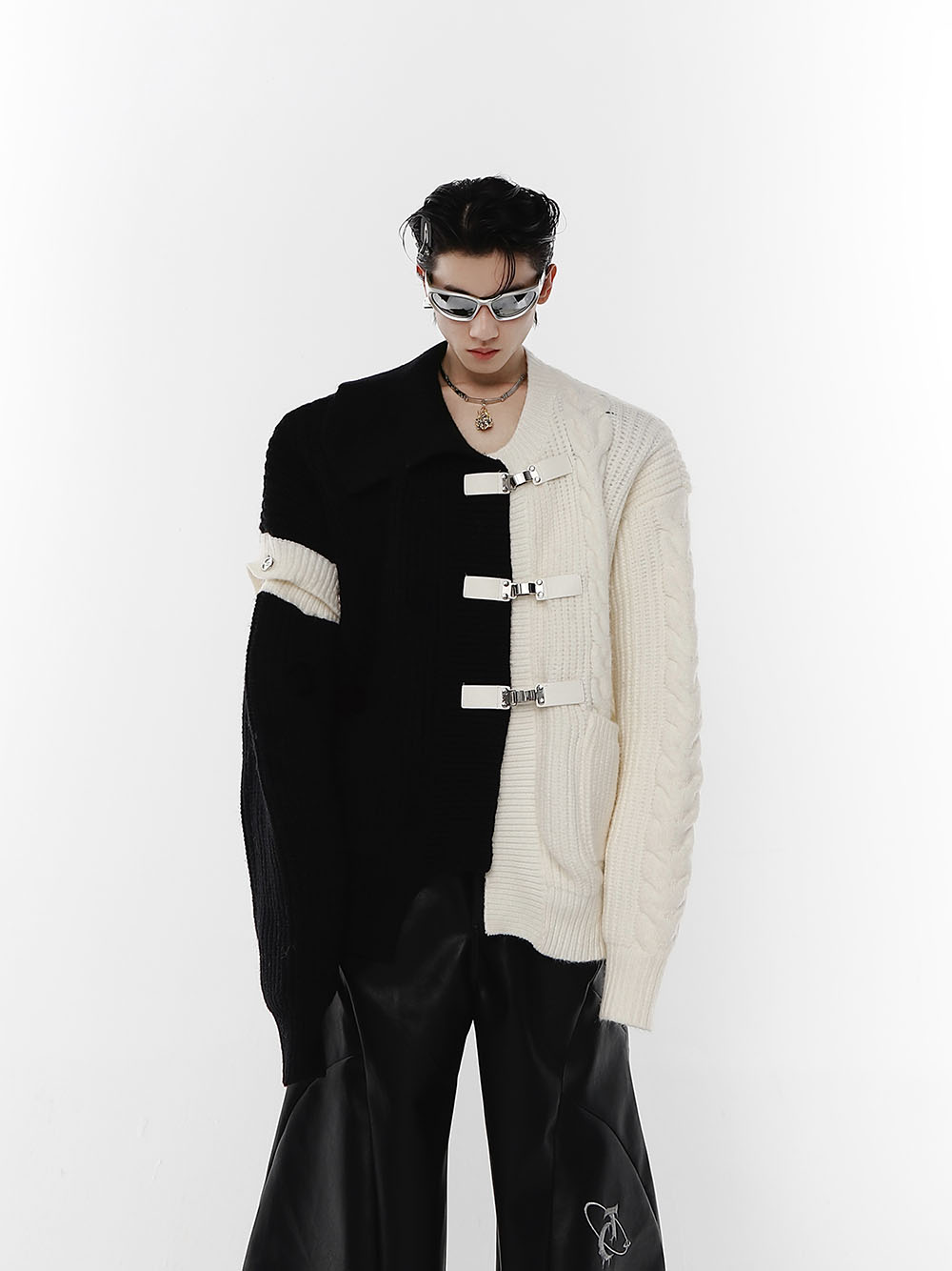 Deconstructed Oversized Knit Cardigan - Black-White Split - Metal Buttons