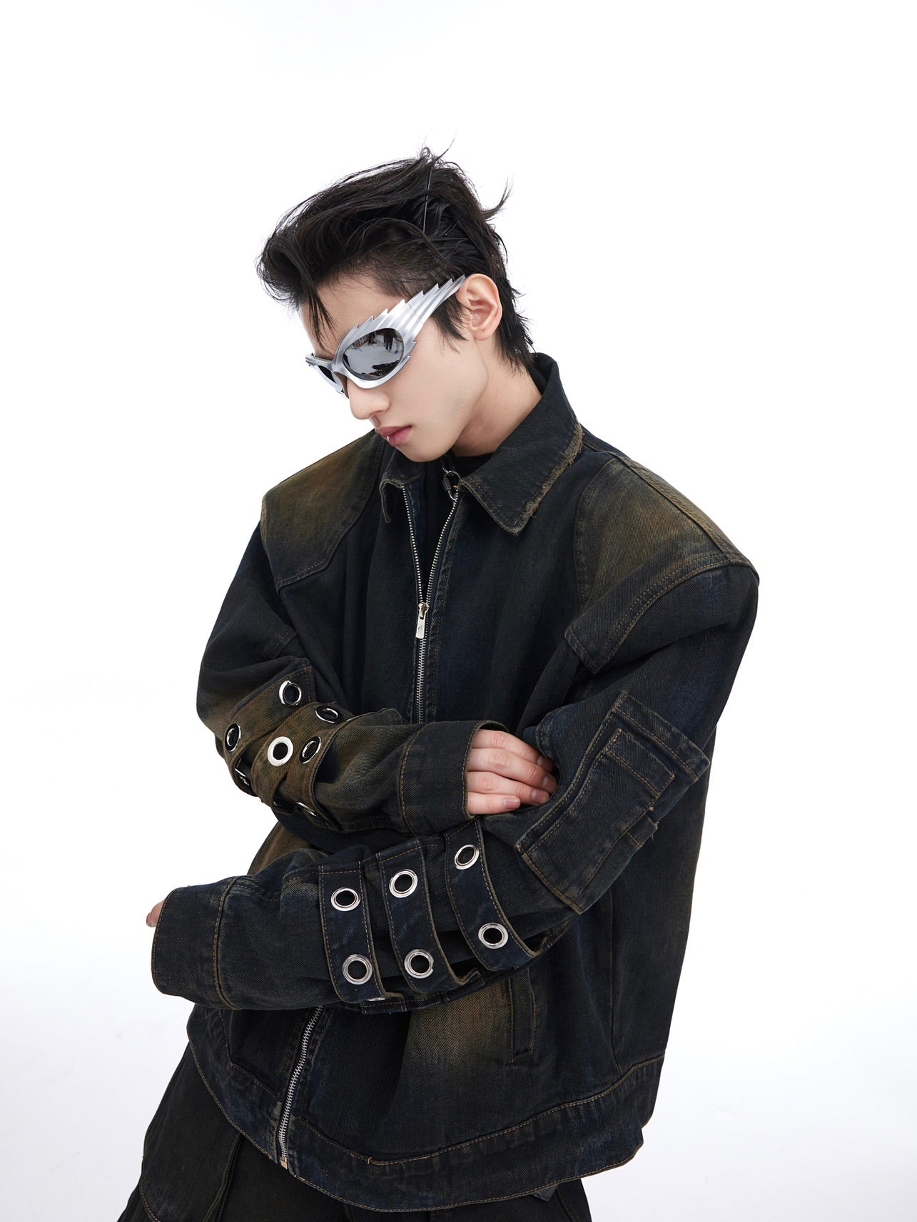 Vintage Distressed Denim Set - Zip-Up Jacket & Cargo Pants