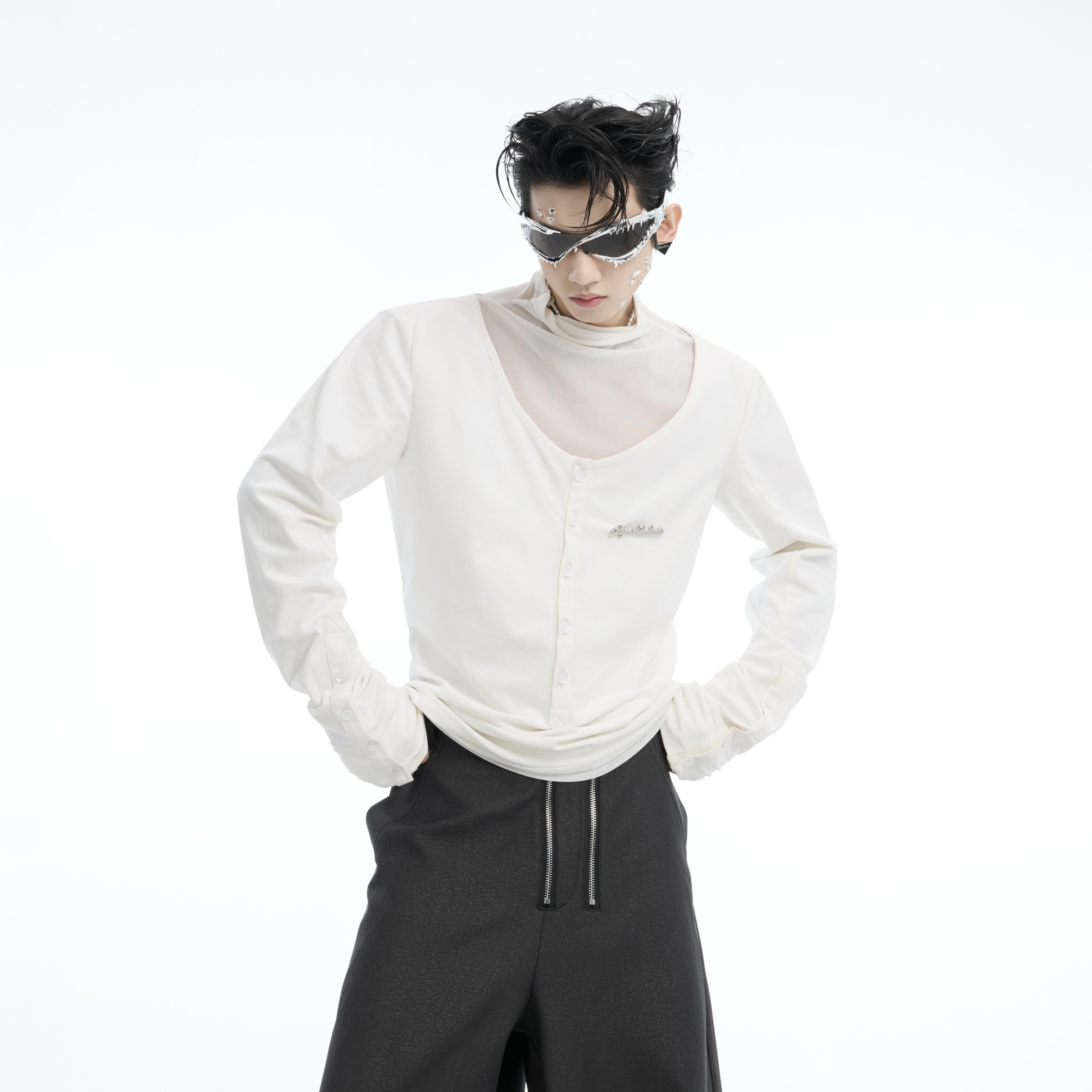 Unisex Layered Long-Sleeve T-Shirt - Button-Up Streetwear Top