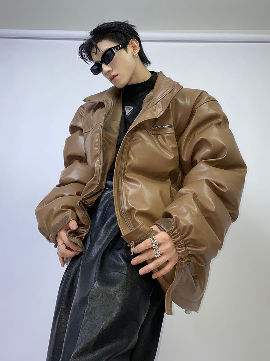 Winter PU Leather Puffer Jacket - Thickened Metal Detail Streetwear Coat