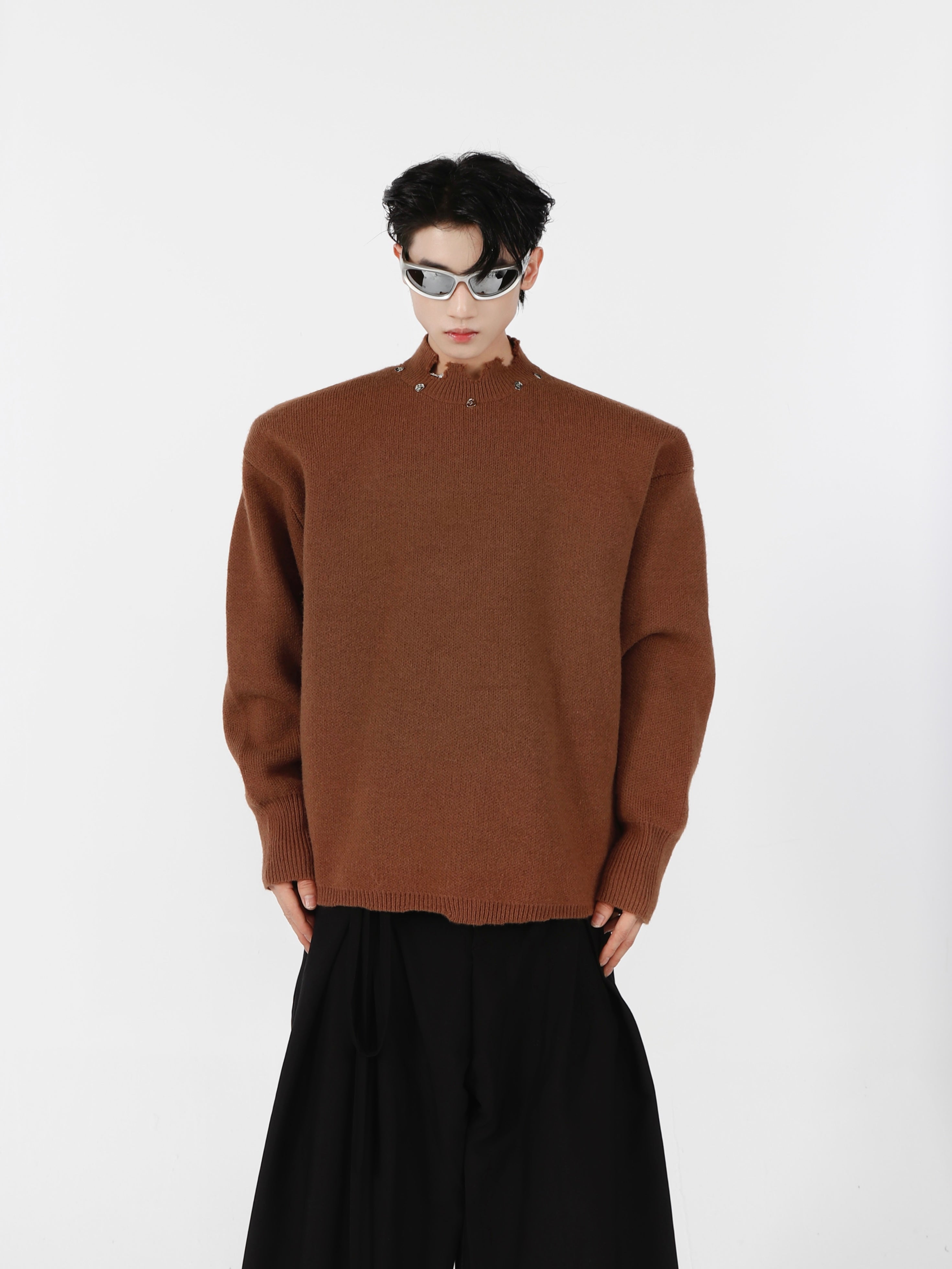 Distressed Shoulder-Pad Sweater with Metal Accents - Streetwear Top
