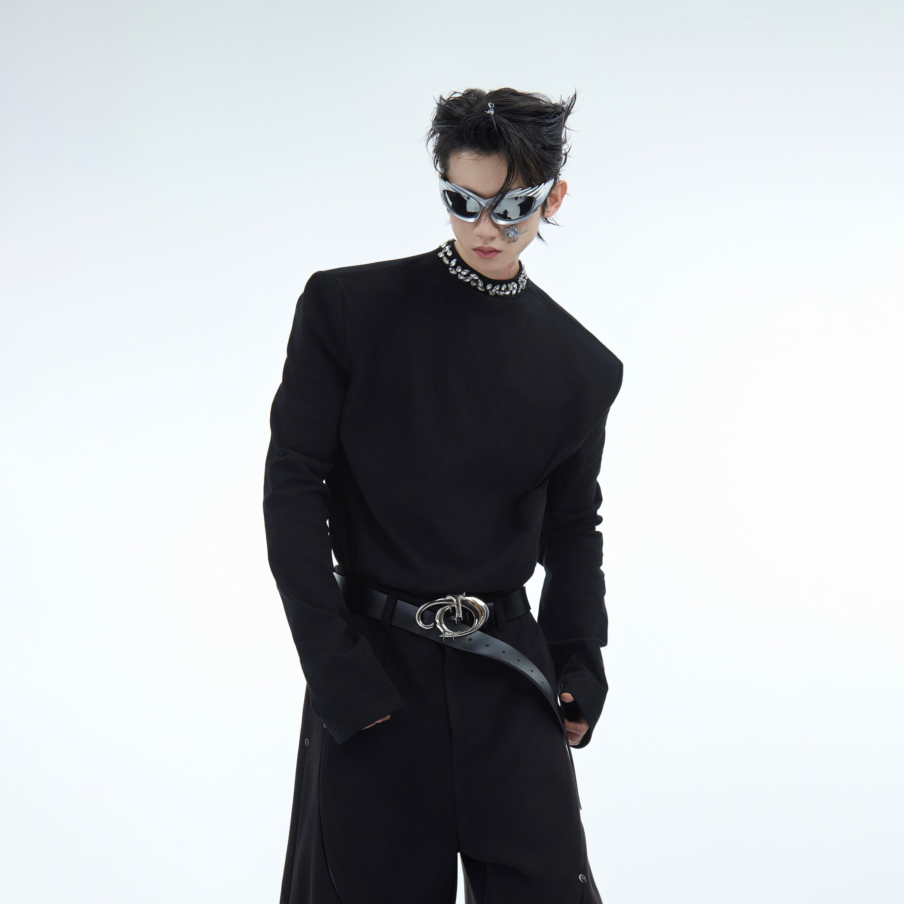 Men's Rhinestone Crew Neck Loose-Fit Long Sleeve T-Shirt