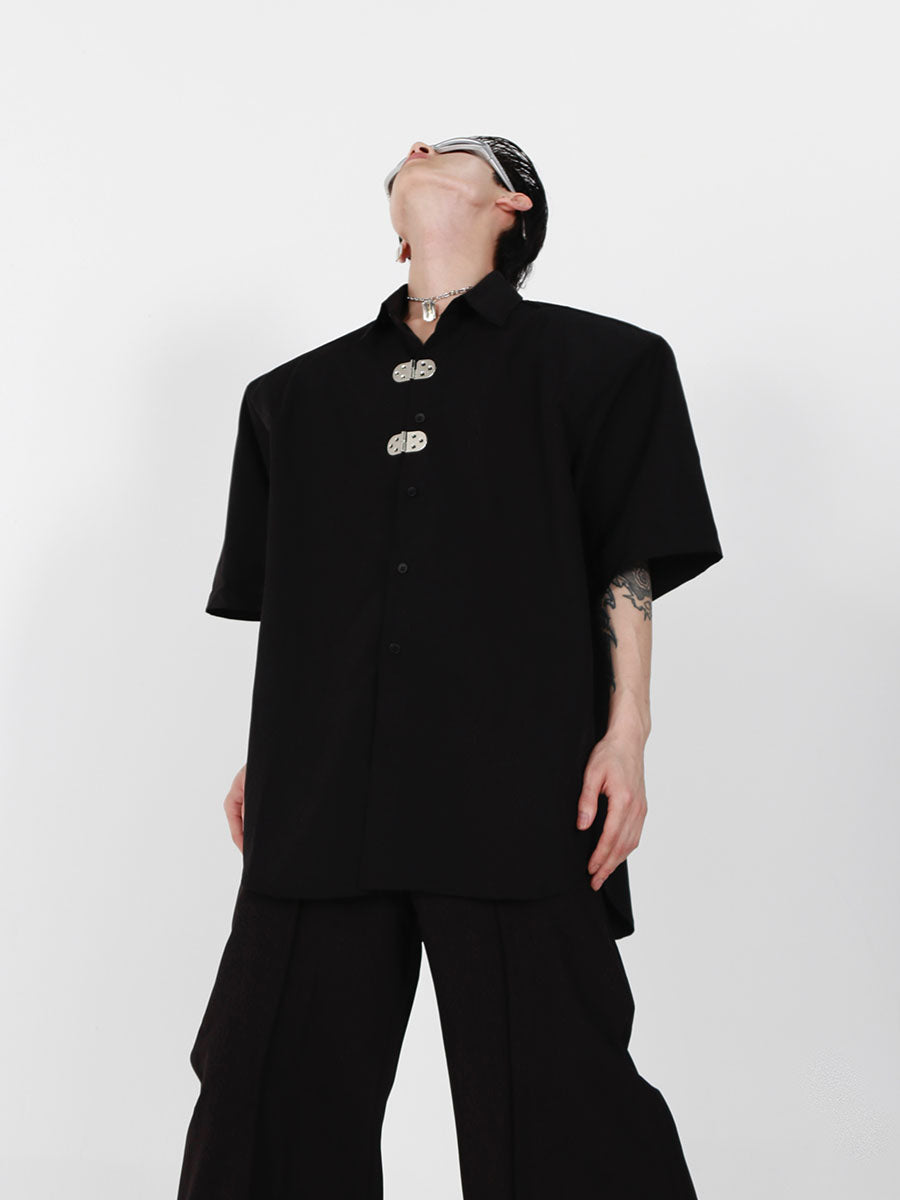Streetwear Metal-Button Shoulder-Pad White Shirt - Unisex Minimalist