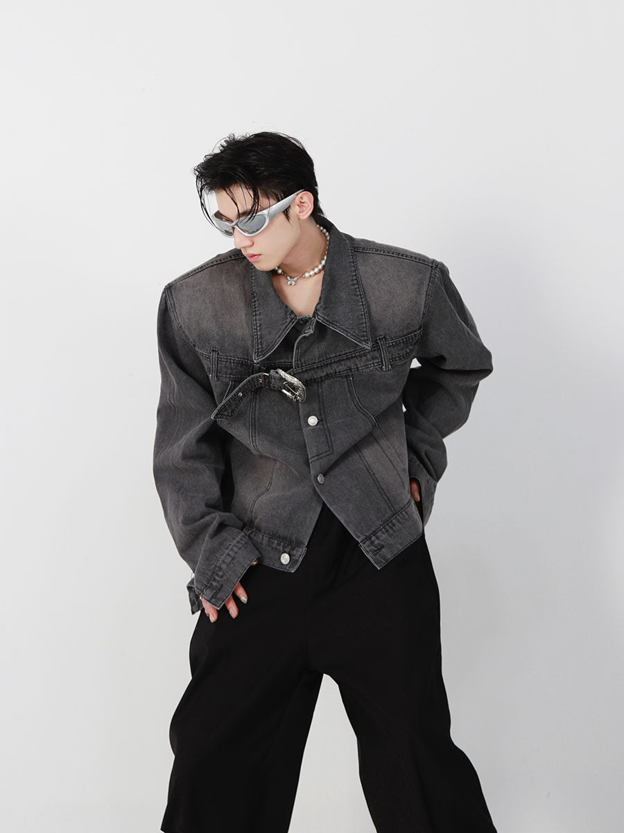 Vintage Washed Cropped Denim Jacket - Metal Buckle Streetwear