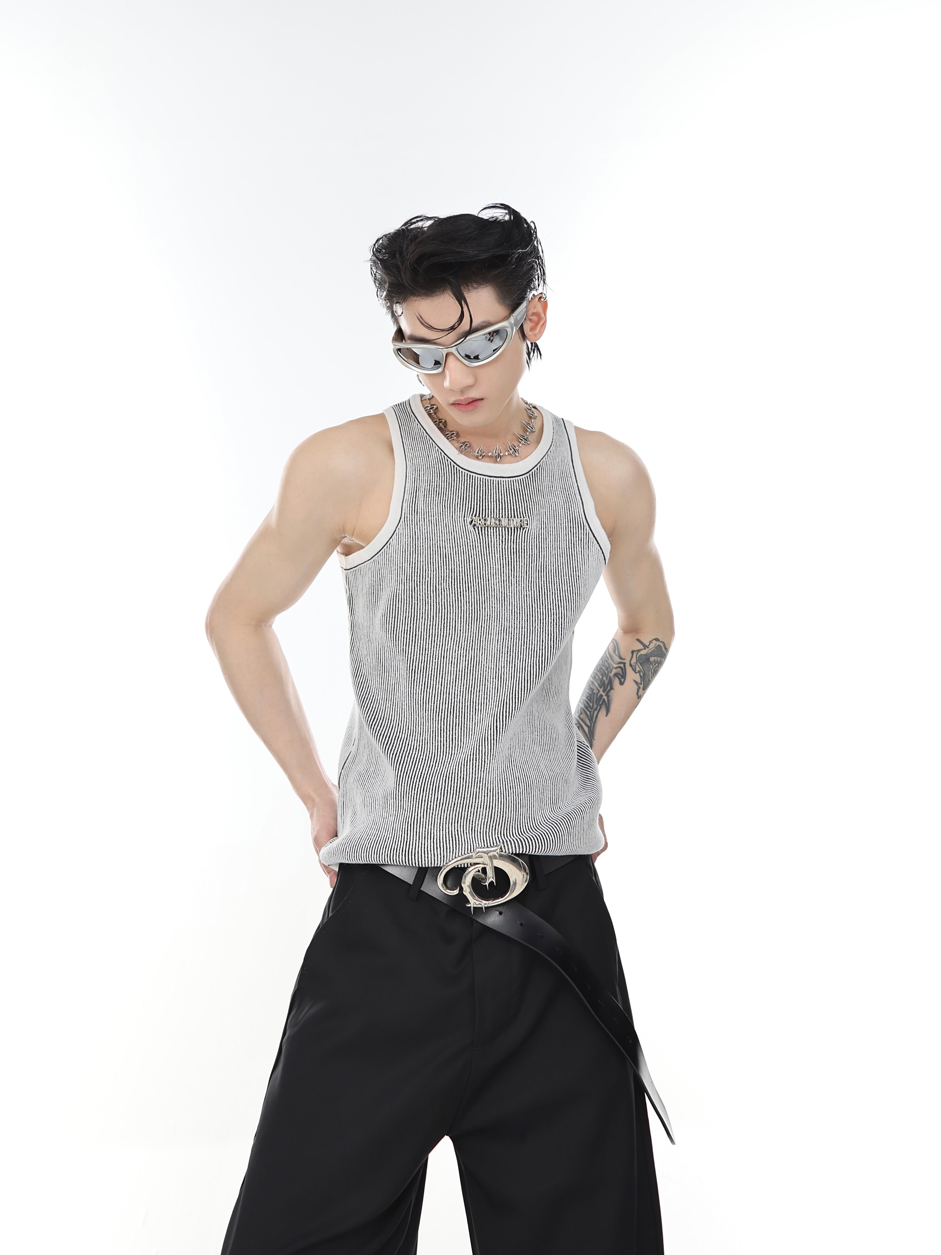 Cropped Knit Tank Top - Textured Stripe Sleeveless Top - Streetwear Fit