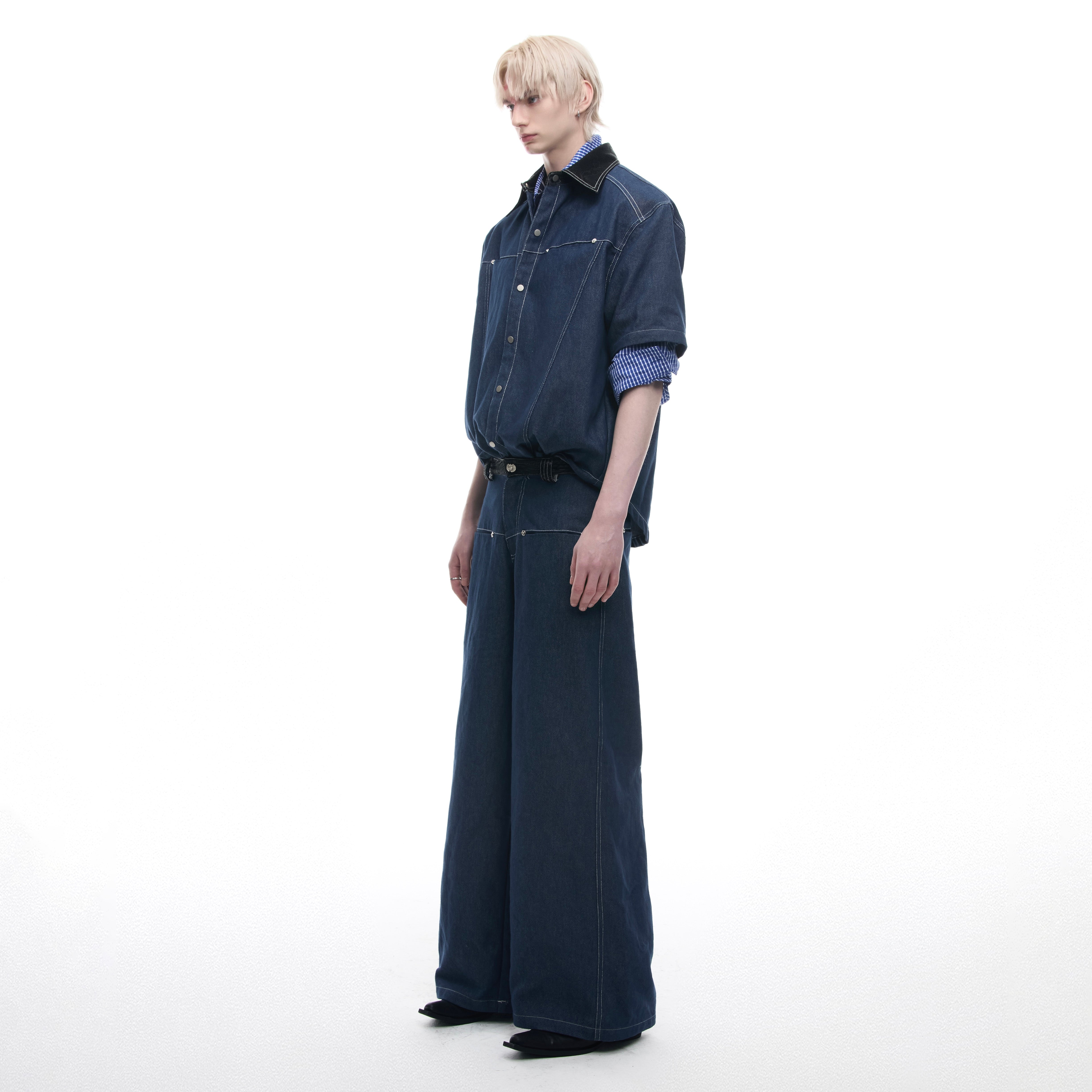 Snake-Print PU Leather Spliced T-Shirt - Vintage Denim Set