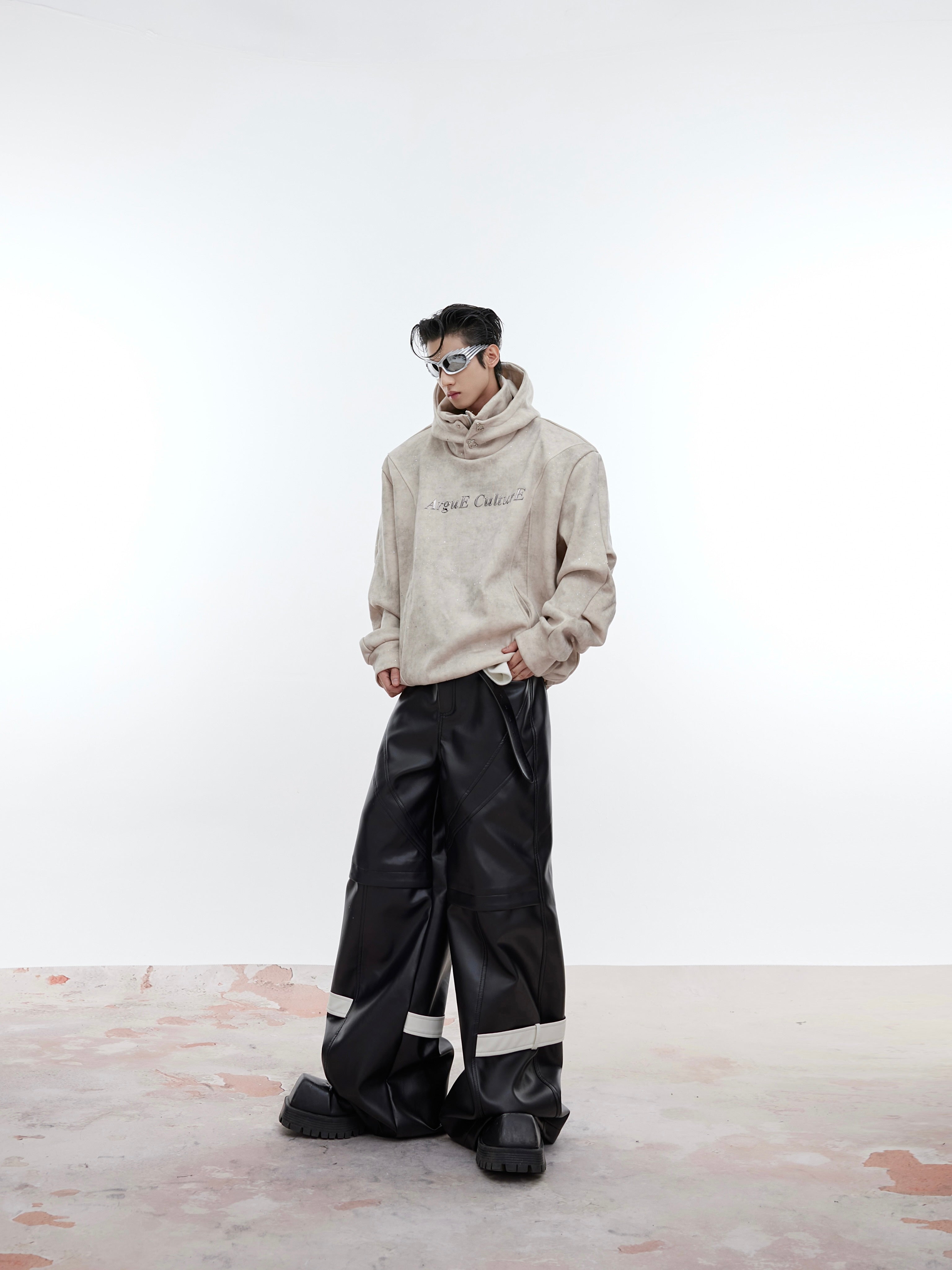 Distressed Hoodie with Glitter-Trim Collar - Streetwear Oversized Top