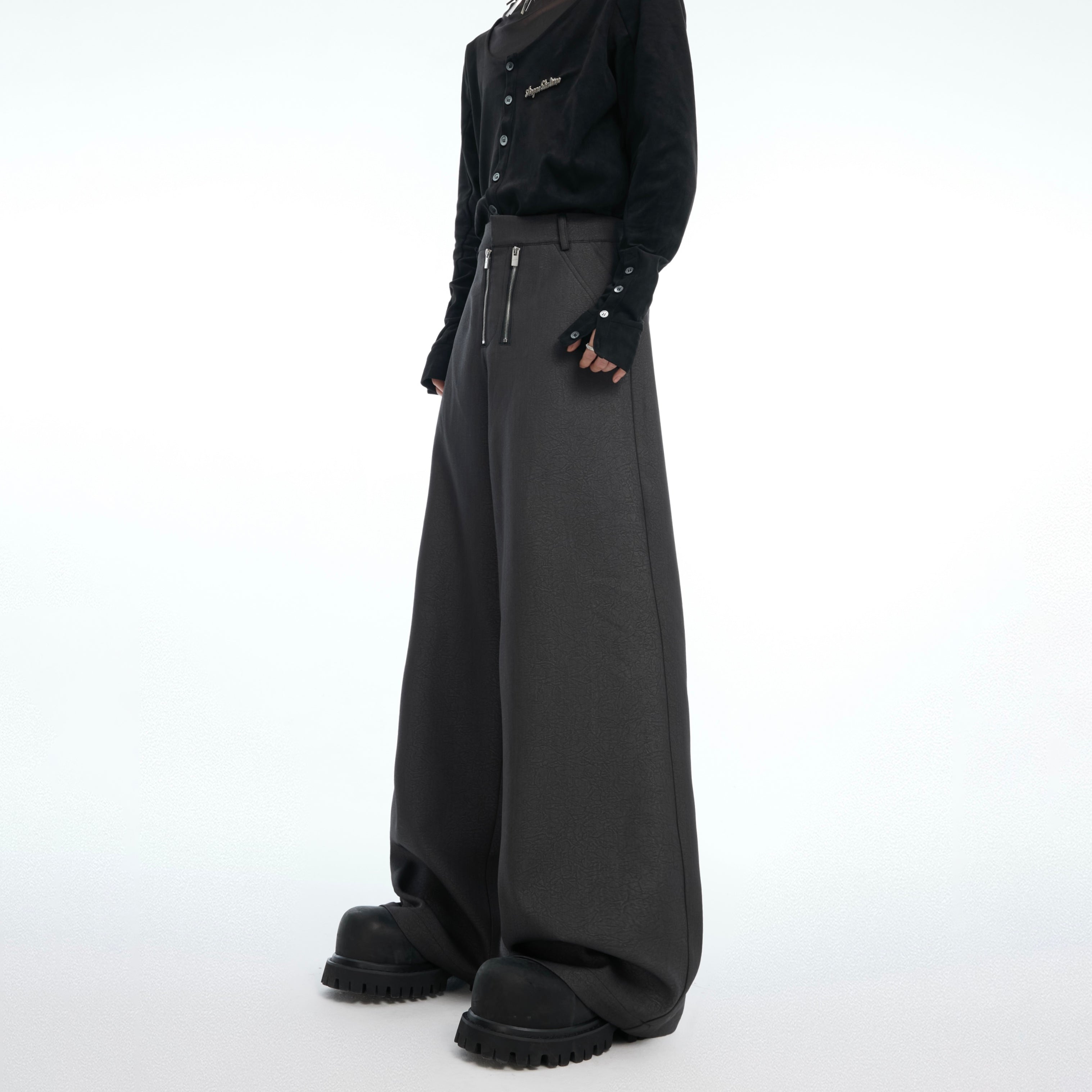 Metal-Zip Straight-Leg Casual Pants - Loose Fit Textured Pants