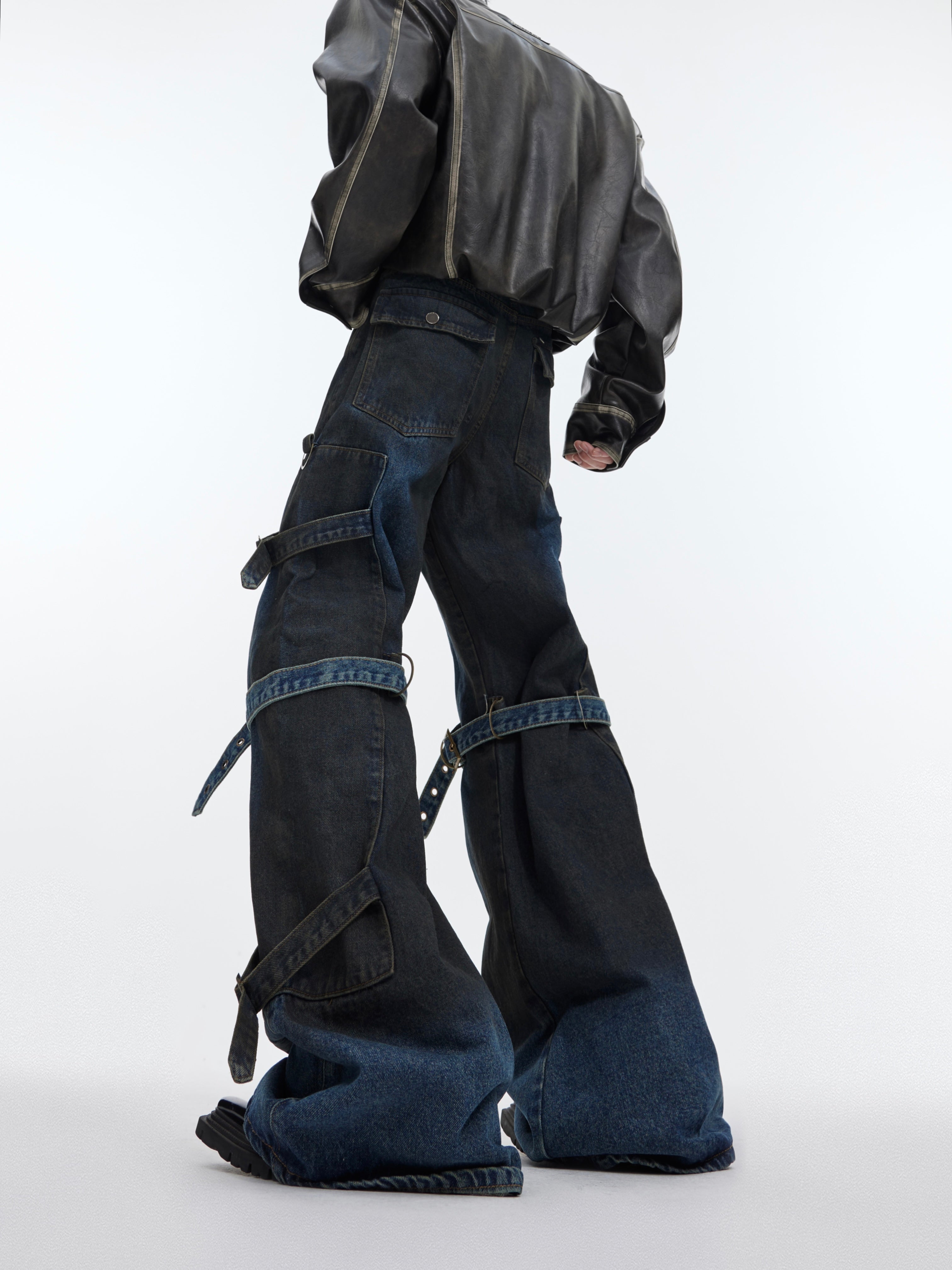 Deconstructed Vintage Flare Jeans with Metal Buckles