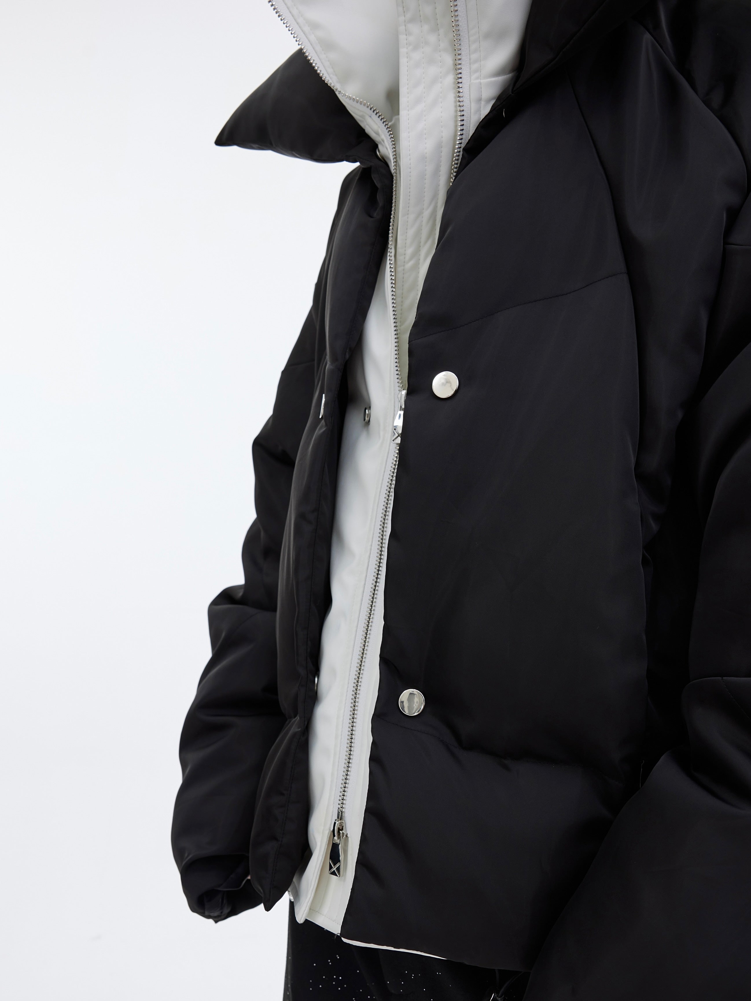 Metallic-Button Faux-Two-Layer Puffer Jacket - Glossy Streetwear Coat