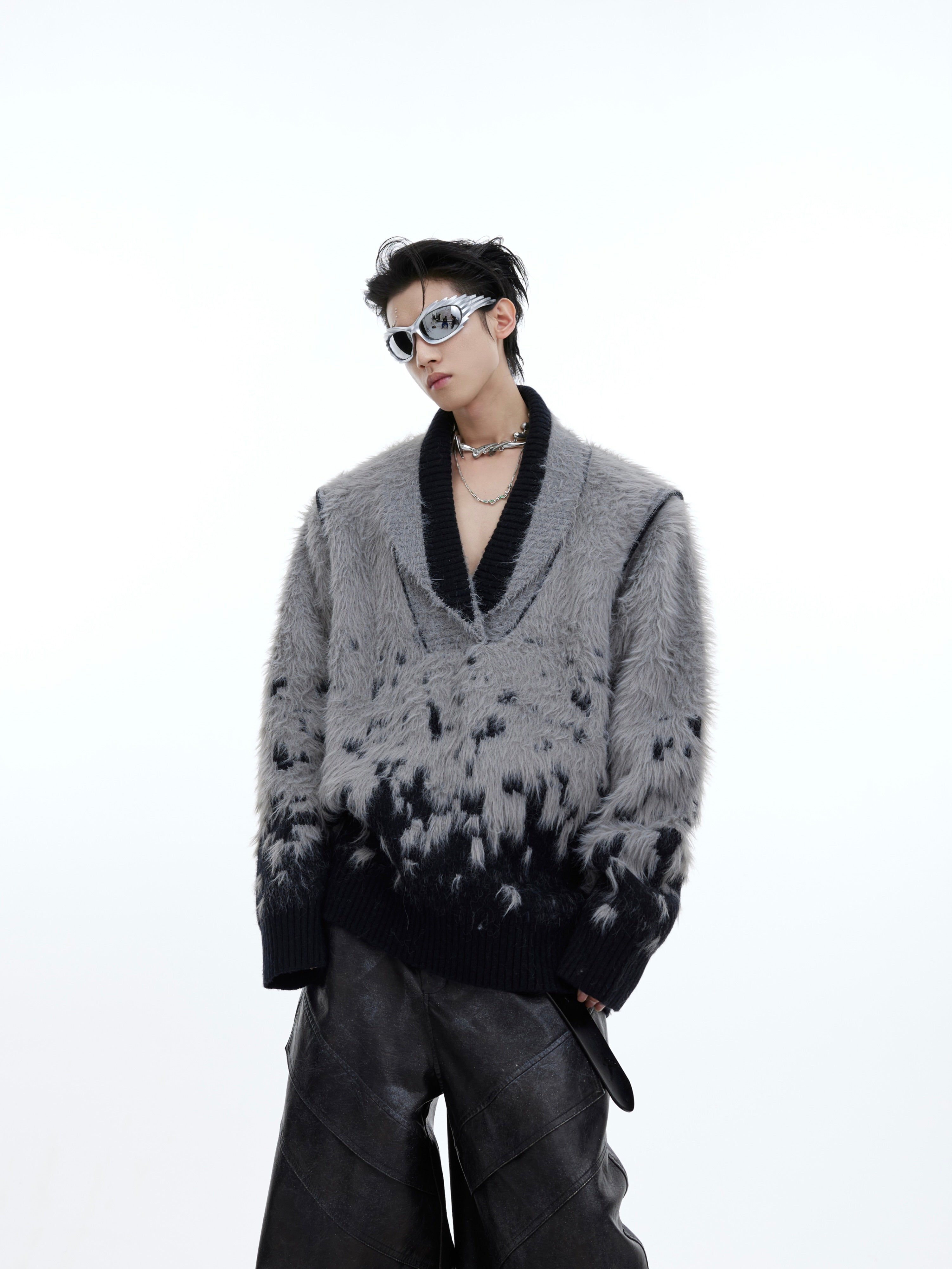 Oversized V-Neck Gradient Sweater - Winter Fluffy Knit - Xmas Vibes