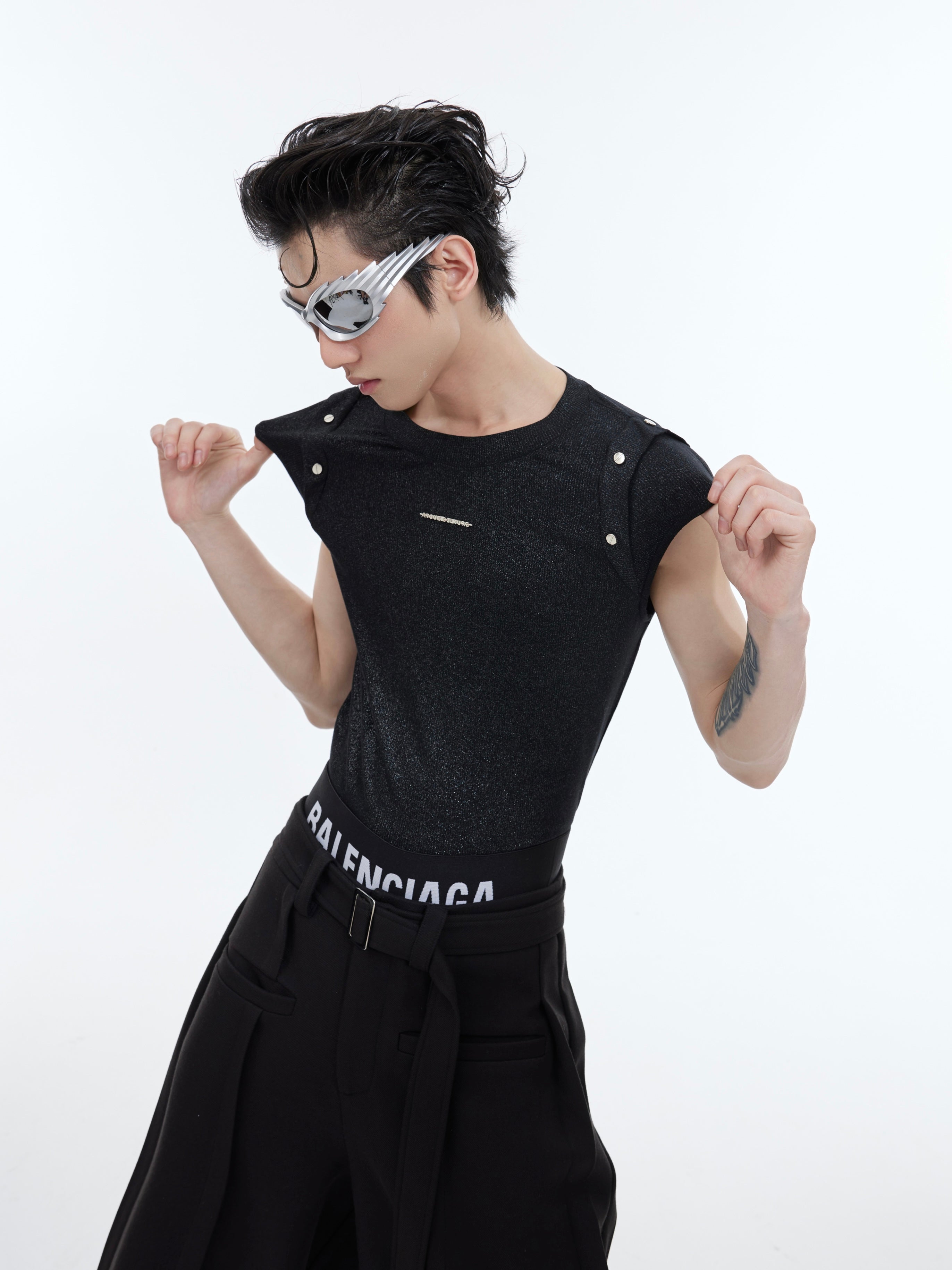 Deconstructed Sleeveless T-Shirt - Split Sleeves - Metal Buttons