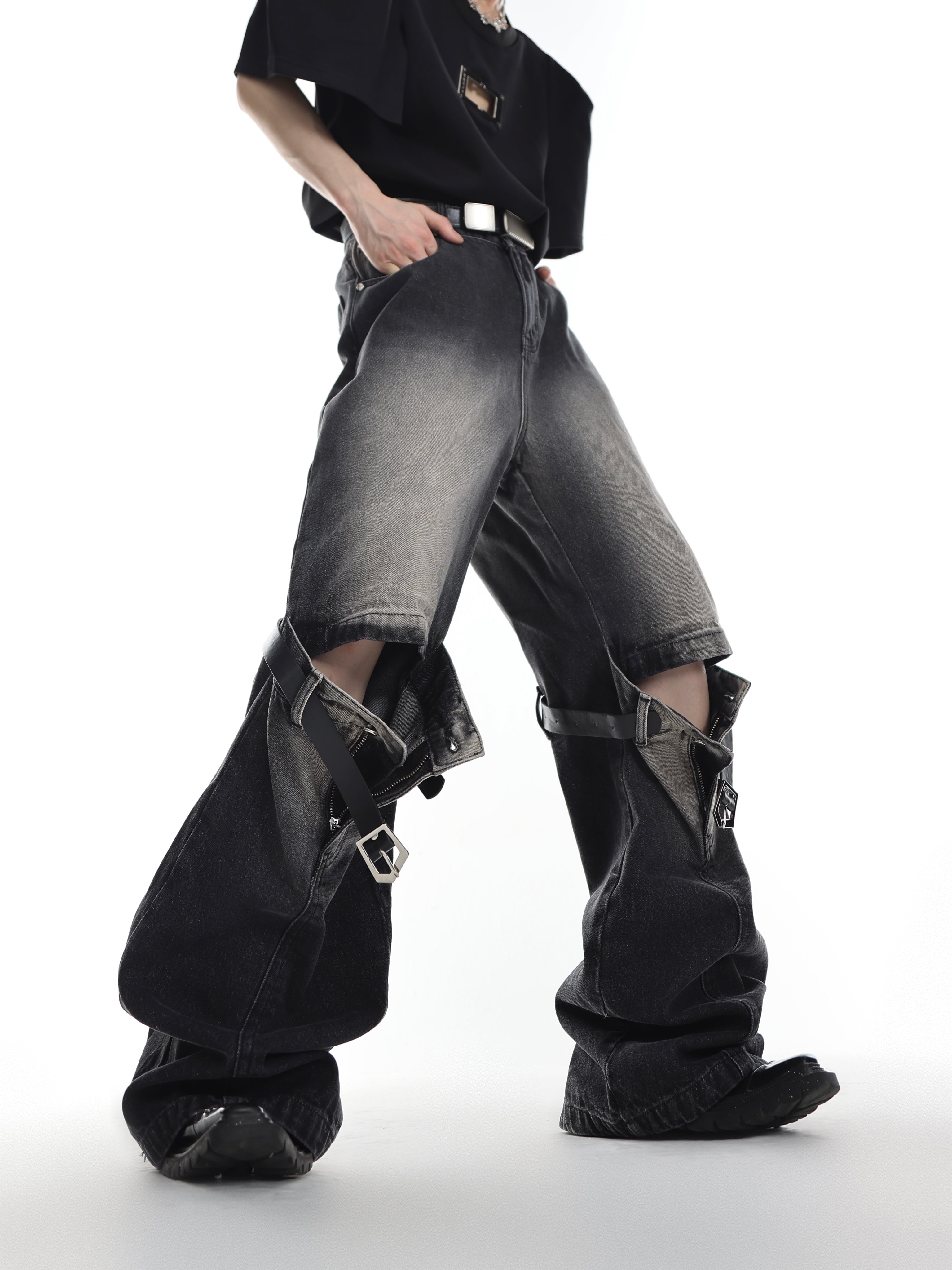 Vintage Faded Black Flare Jeans - High Waist Belt Loop Design
