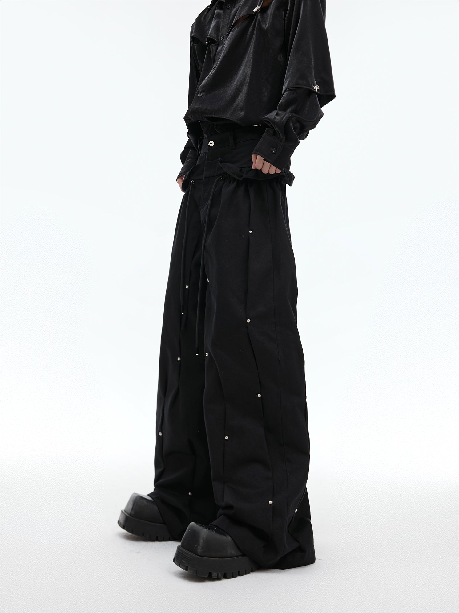 Trendy Deconstructed Pleated Cargo Pants with Silver Accents - ArgueCulture