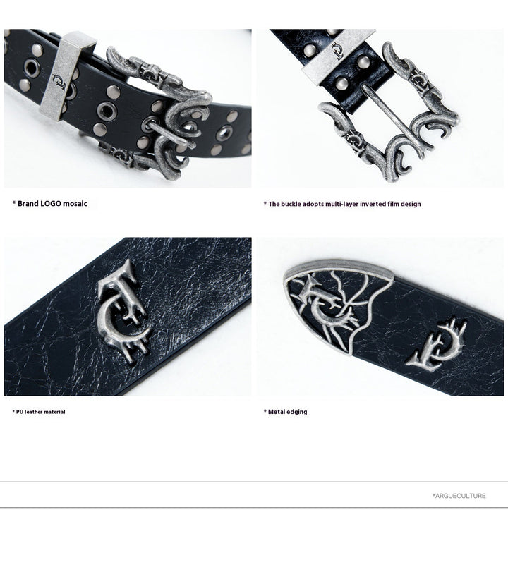 Retro Punk Genuine Leather Belt with Rivet and Metallic Logo - ArgueCulture