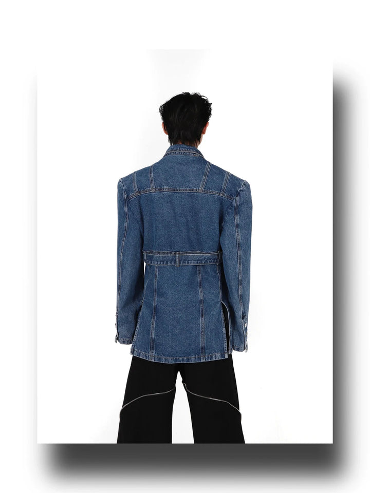 3D Deconstructed Padded Shoulder Denim Blazer | High - End Suit with Belt Design - ArguE CulturE