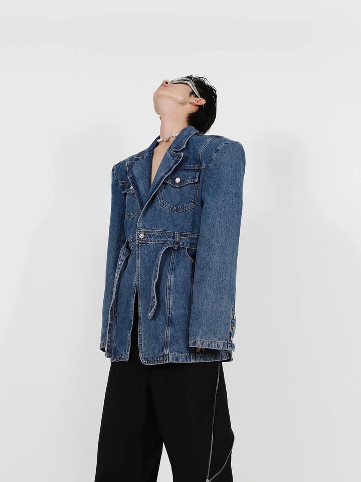 3D Deconstructed Padded Shoulder Denim Blazer | High - End Suit with Belt Design - ArguE CulturE