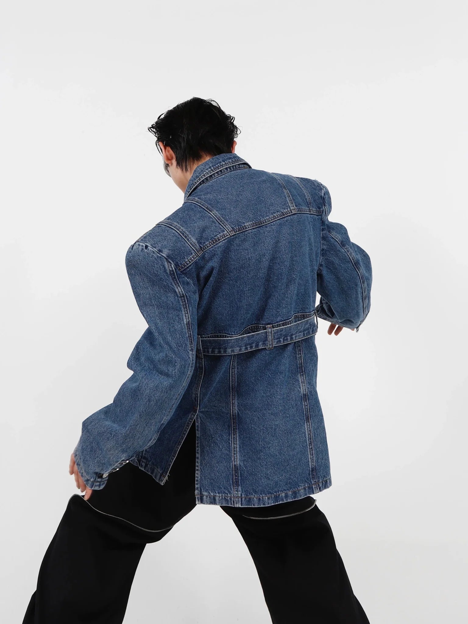 3D Deconstructed Padded Shoulder Denim Blazer | High - End Suit with Belt Design - ArguE CulturE