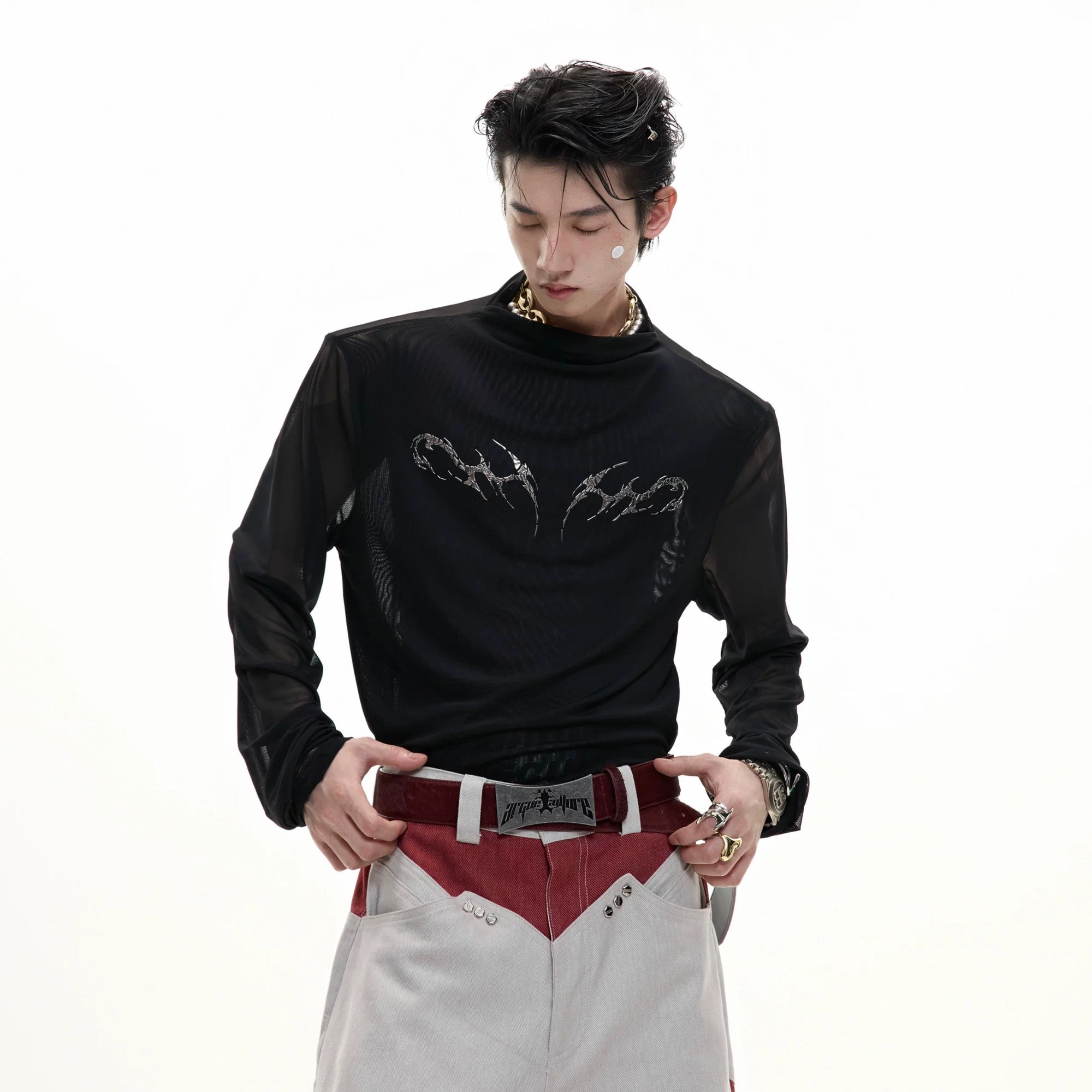 Side view of white breathable mesh tee with 3D graphic