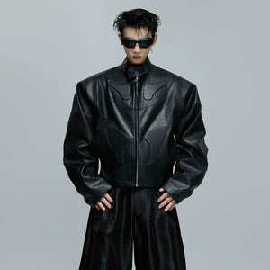 Front view of black 3D embossed deconstructed armor moto jacket