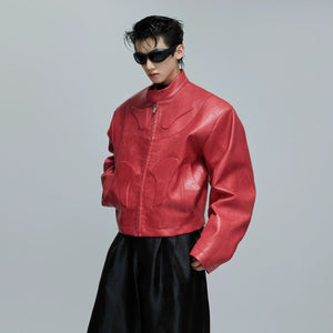 Close up of red deconstructed moto jacket with stand collar