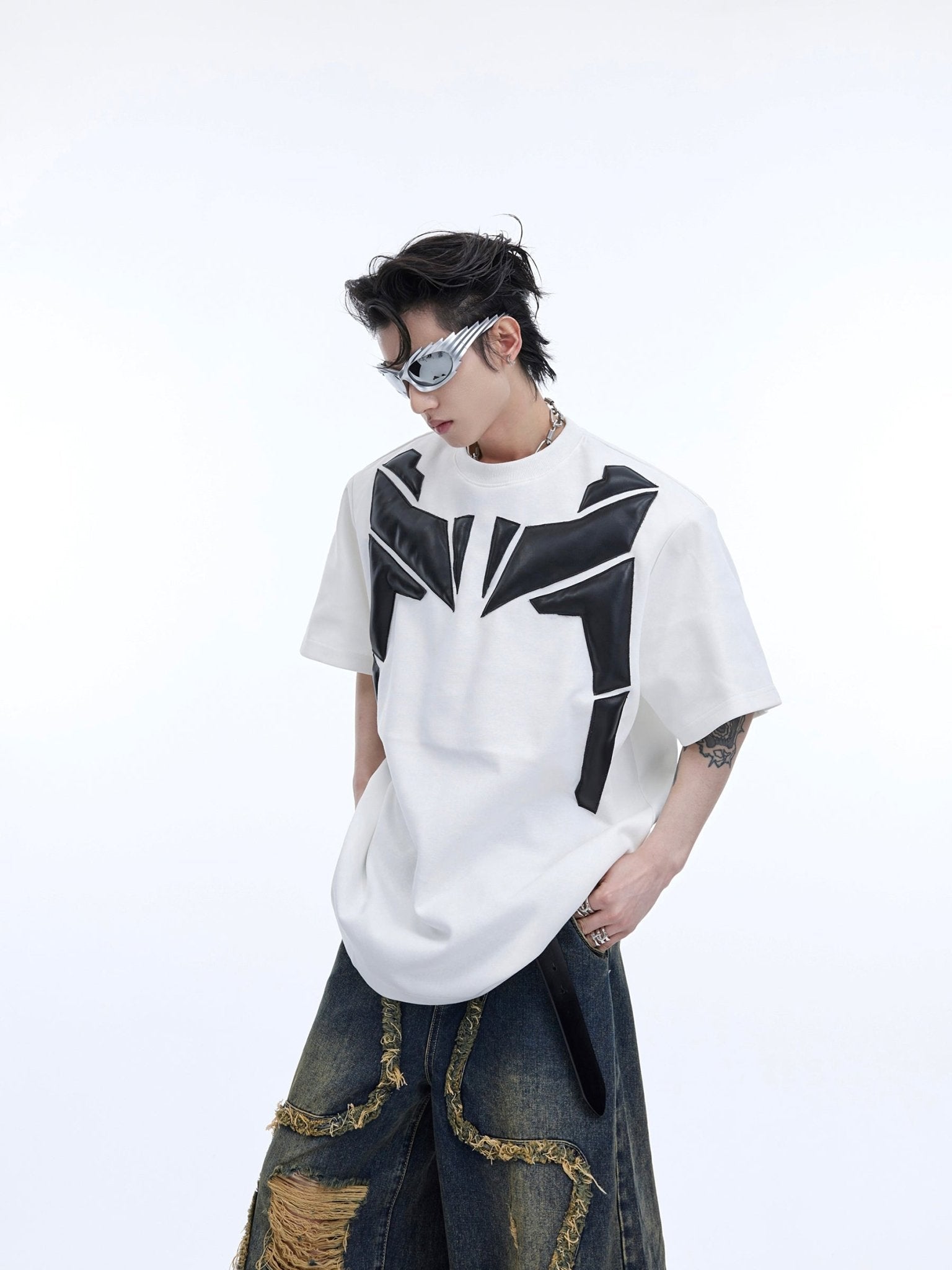 3D Embossed Short Sleeve PU Leather Spliced Loose Round Neck T - Shirt - ArguE CulturE