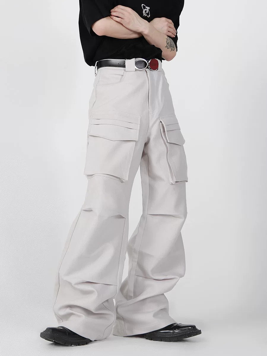 Light gray techwear cargo pants with high-end pleated pocket details