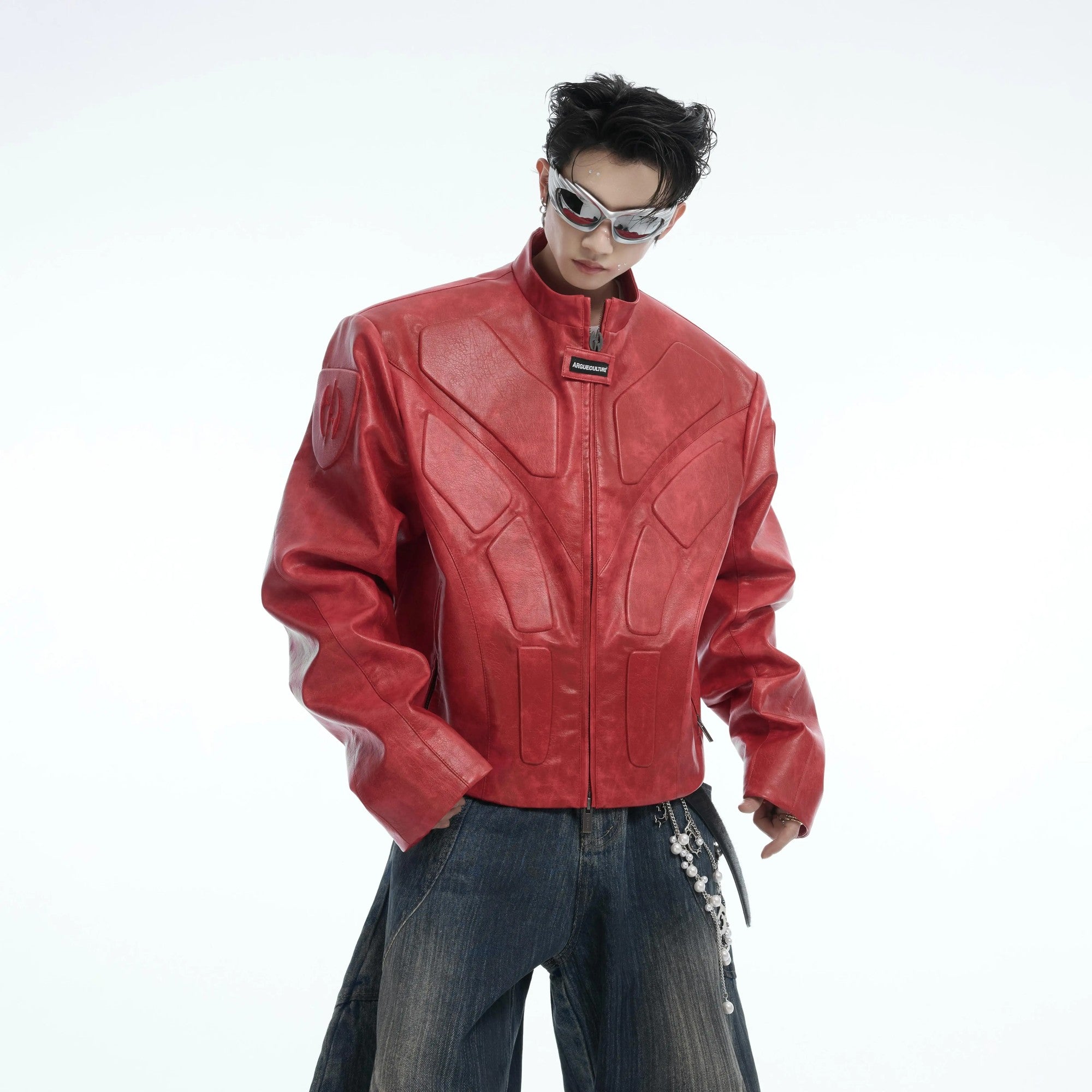 Red oversized 3D relief armor jacket for men streetwear