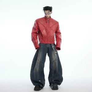 Model wearing oversized gothic style moto jacket in urban setting