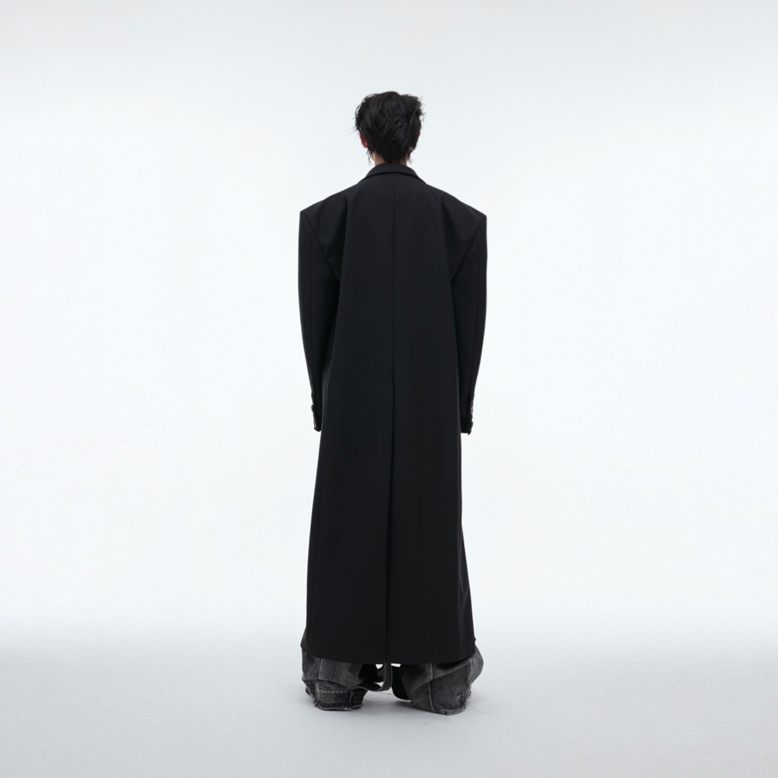Oversized Black PU-Trim Trench Coat with Shoulder Pads