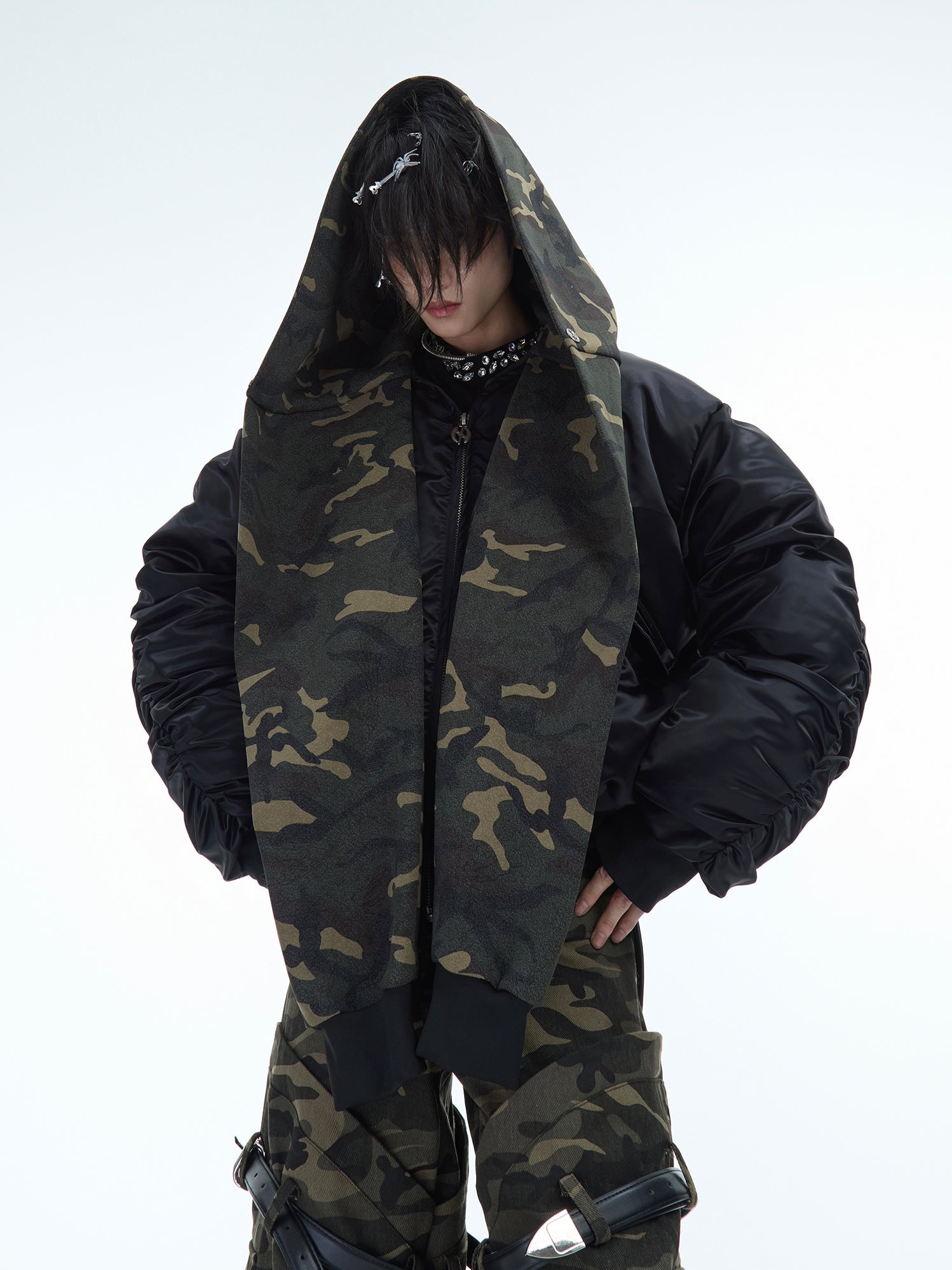 Camouflage Hooded Bomber Jacket with Quilted Sleeves - Winter Warmth - ArgueCulture