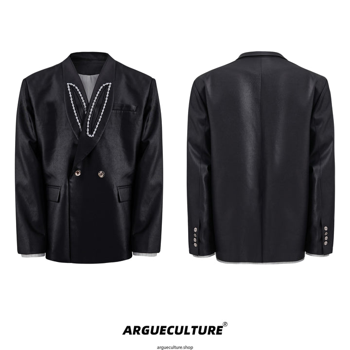 Waxed Wide Shoulder Blazer with Pearl Embellishments - ArgueCulture