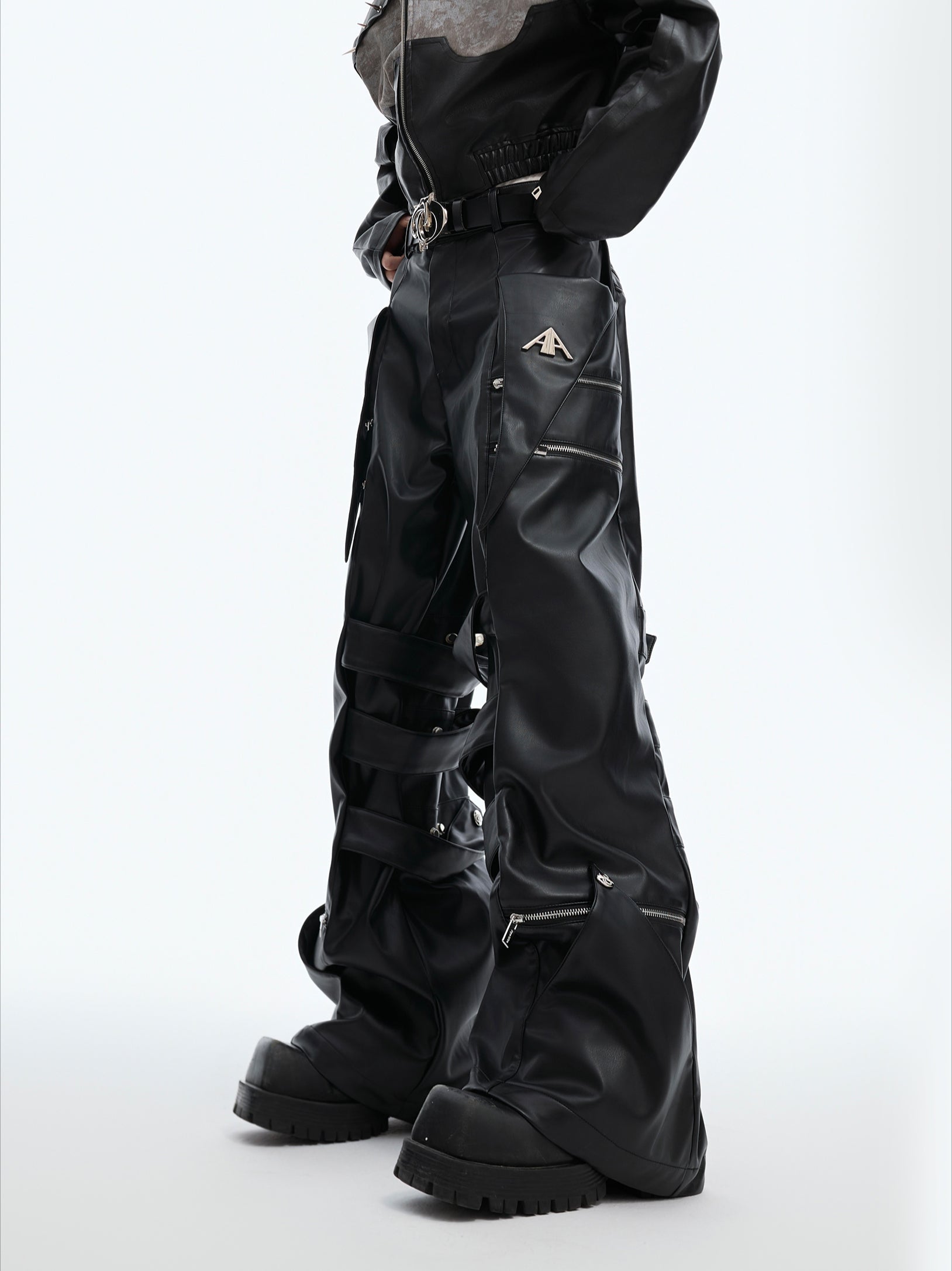 Punk Faux Leather Cargo Pants with Multi-Layer Straps - ArgueCulture