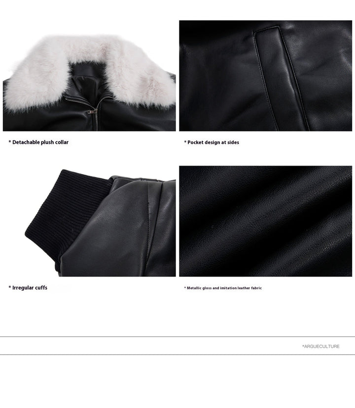 Faux Fur Collar Leather Bomber Jacket with Asymmetrical Design - ArgueCulture