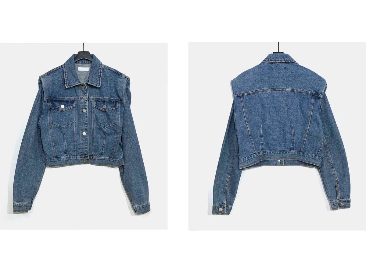 Pleated Short Denim Jacket with Padded Shoulders - description image 2