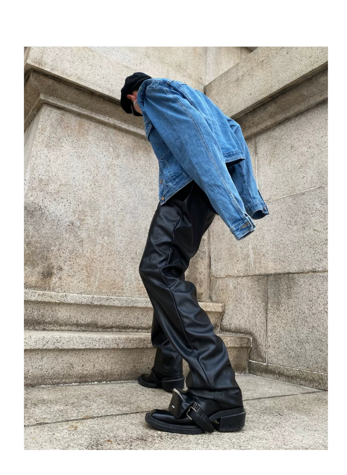 Pleated Short Denim Jacket with Padded Shoulders - description image 3